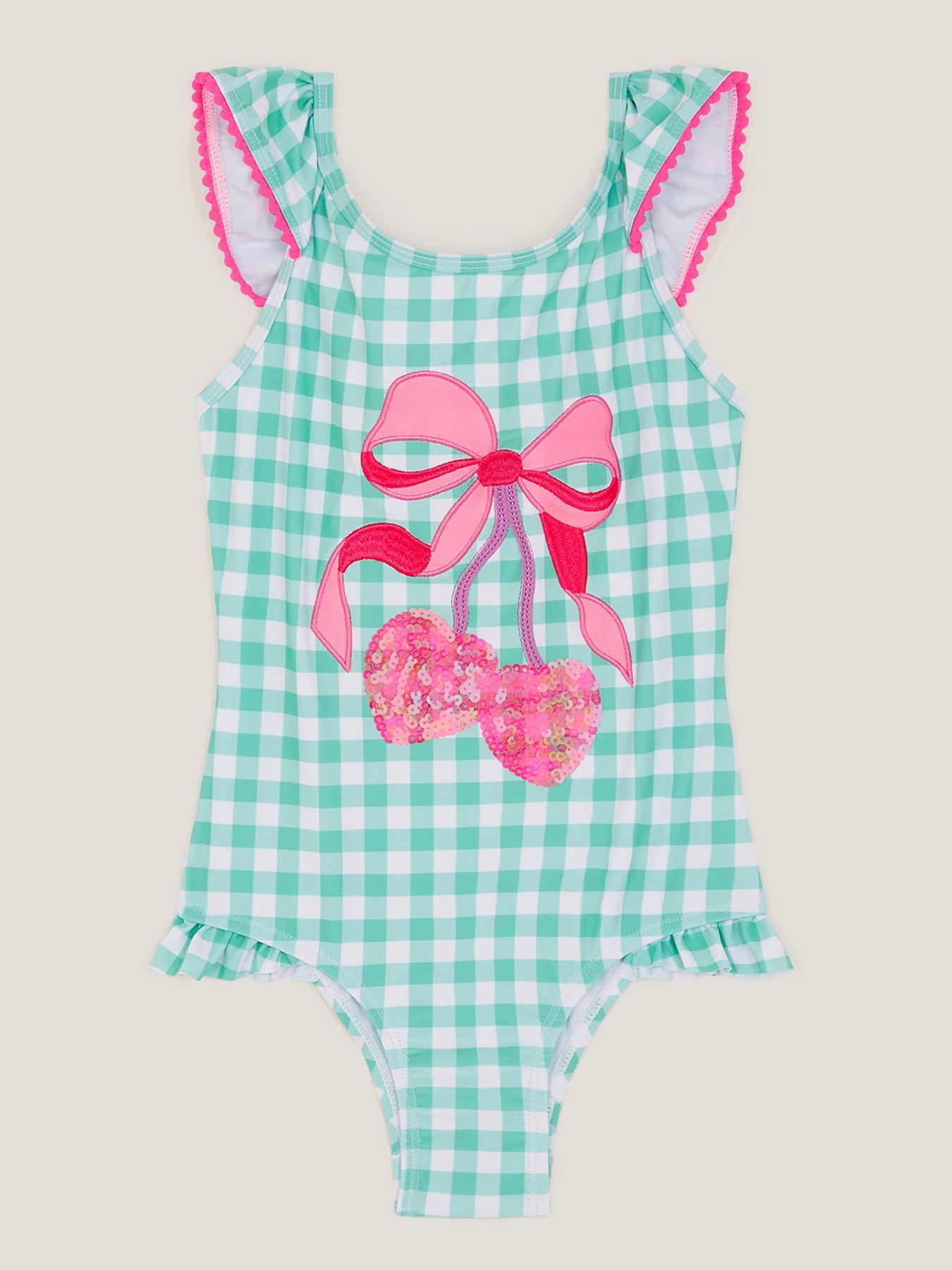 Monsoon Girls Sequin Cherry Ginghm Swimsuit - Green