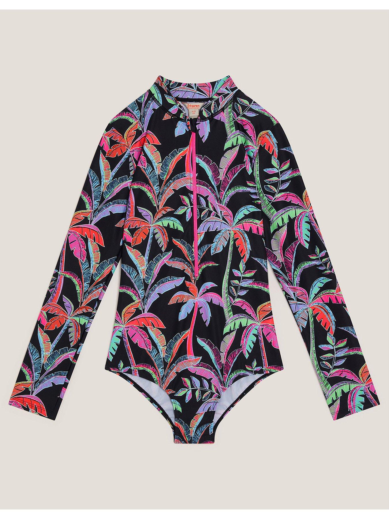 Monsoon Girls Storm Tropical Print Upf Swimuit - Black