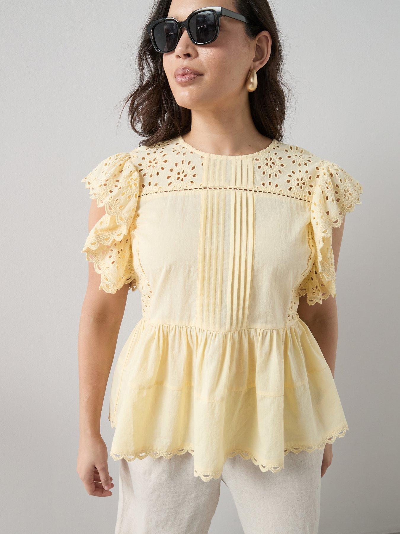 The Very Collection Curve Broderie Peplum Top - Light Yellow