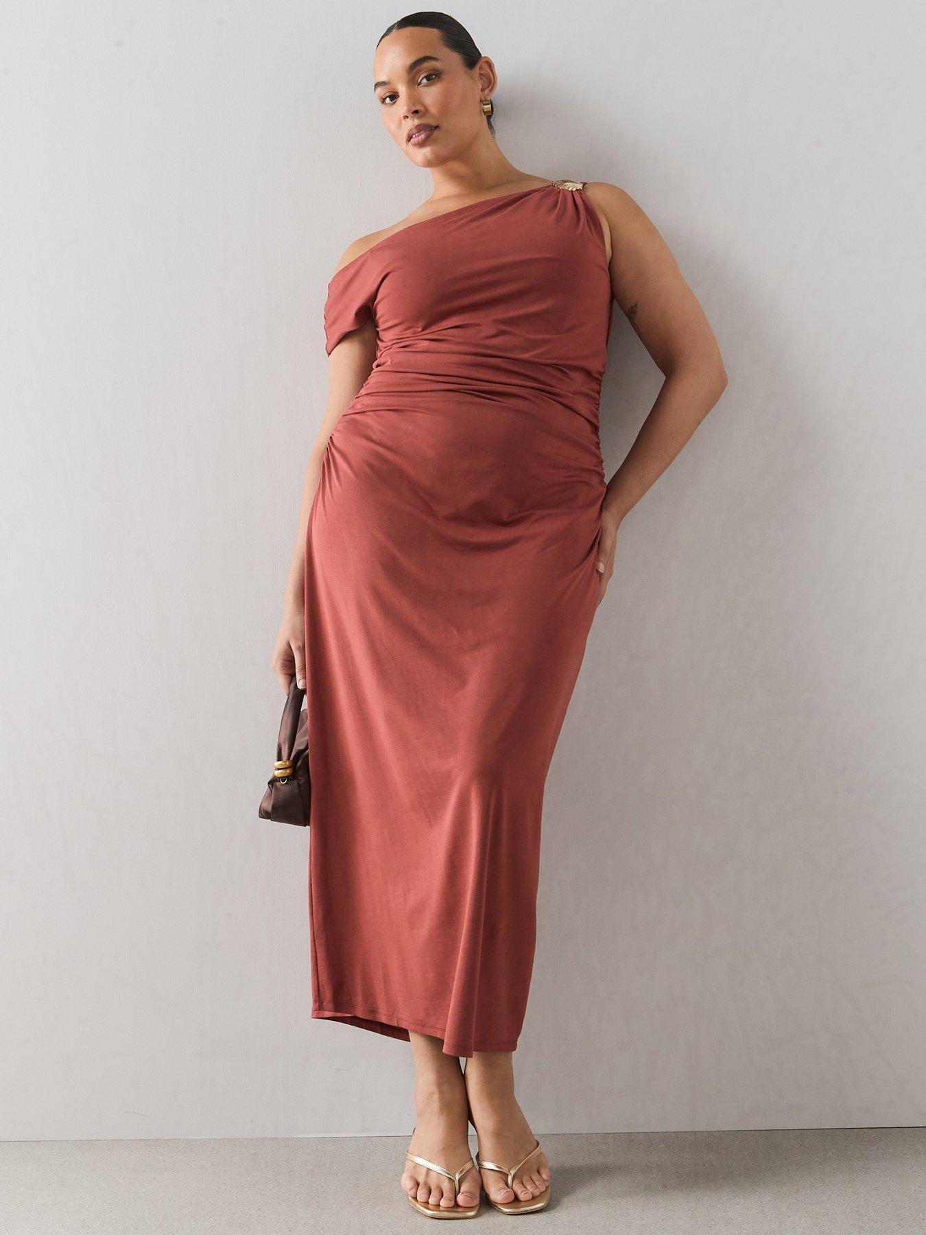 The Very Collection Curve Shell Detail Ruched Midi Dress - Orange
