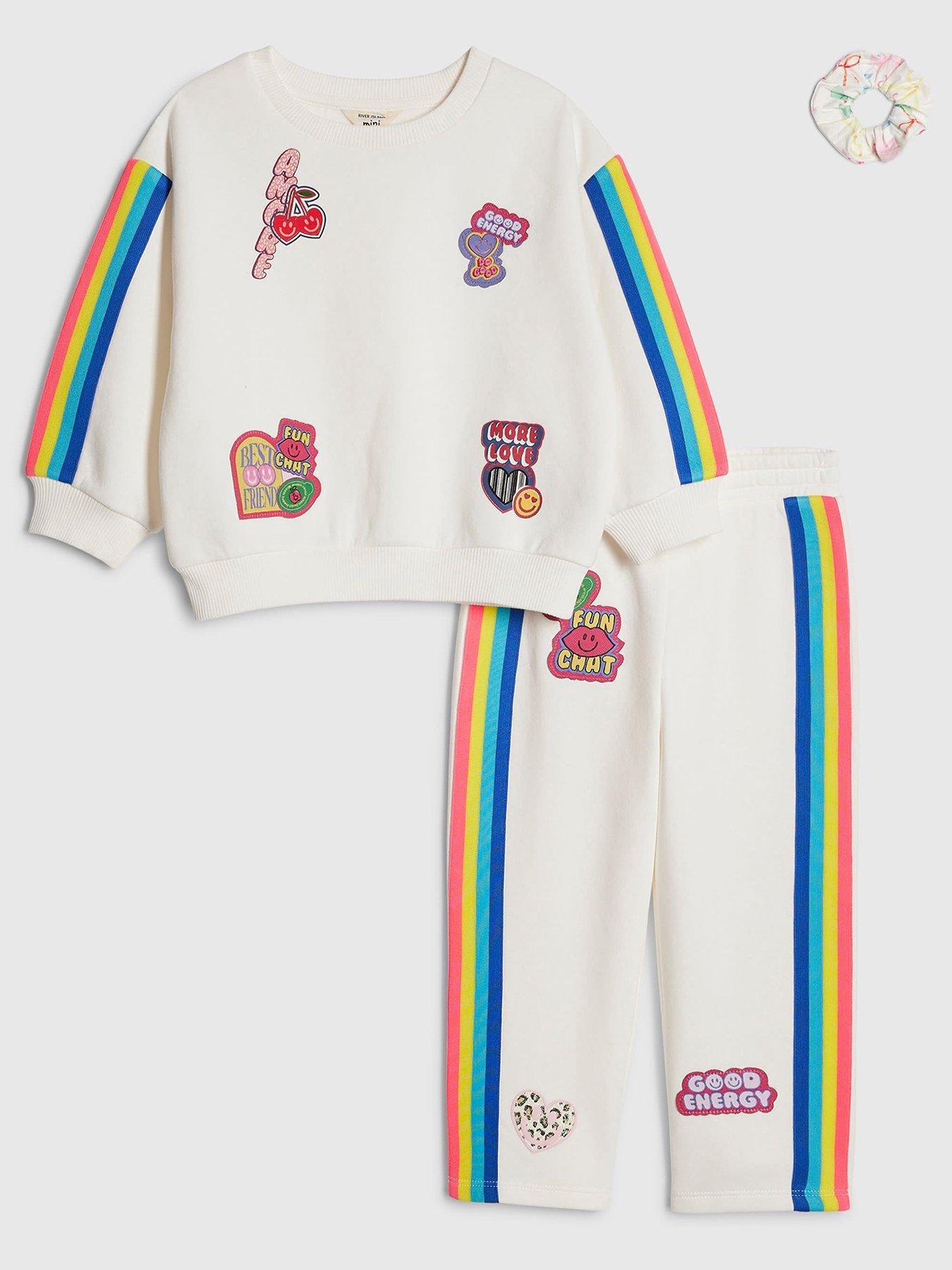 Image 1 of 5 of River Island Mini Girls Rainbow Badged Sweatshirt Set - Cream