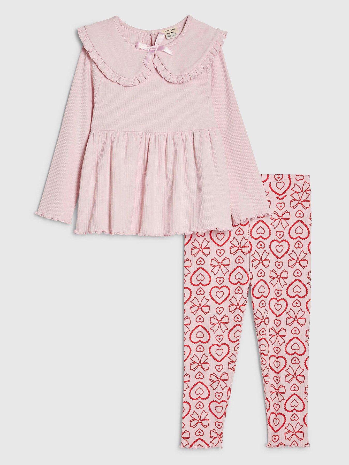 Image 1 of 4 of River Island Mini Girls Rib Collar Peplum Top Set - Pink