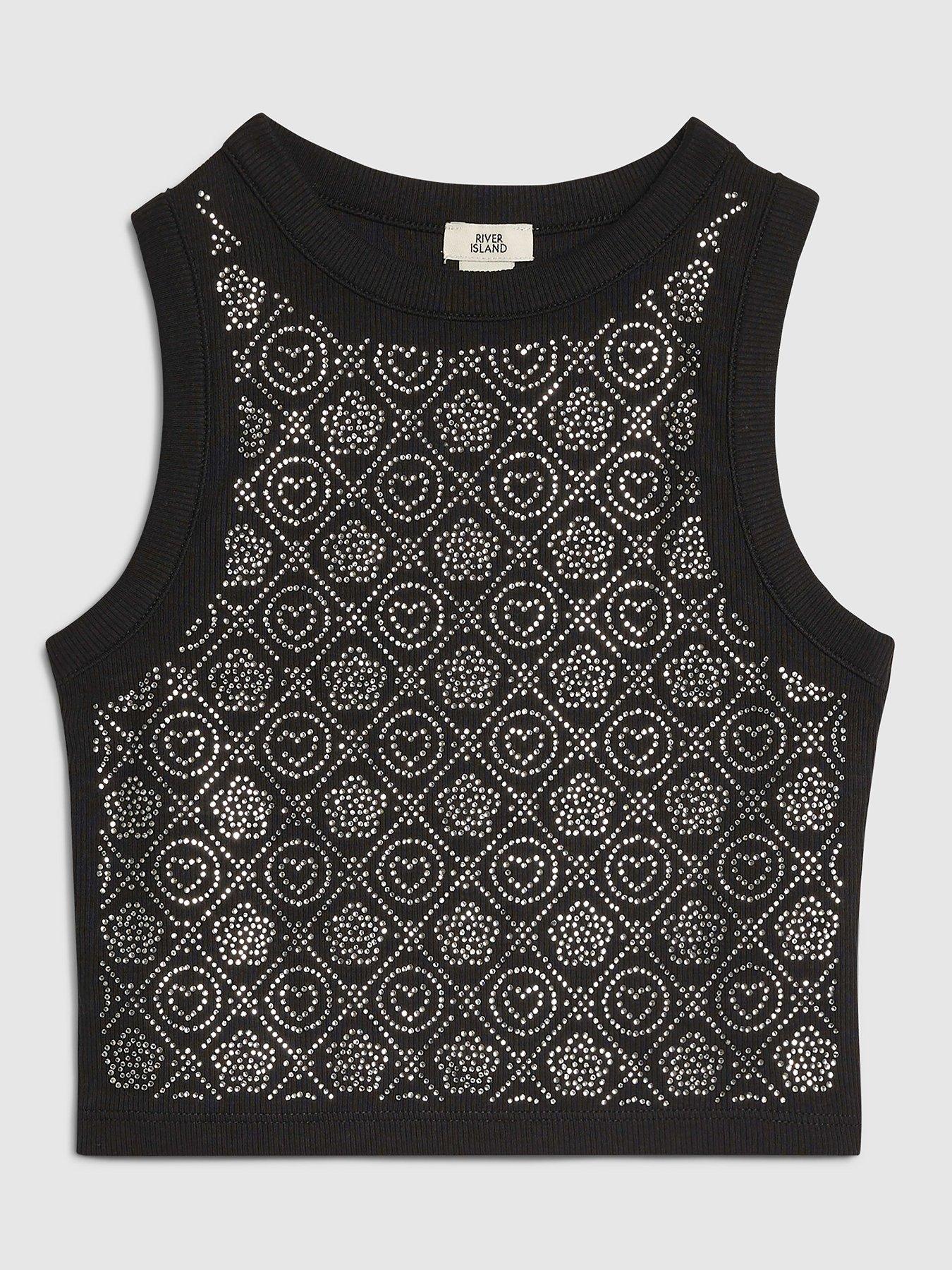 river-island-older-girls-embellished-heart-tank-top-blackfront