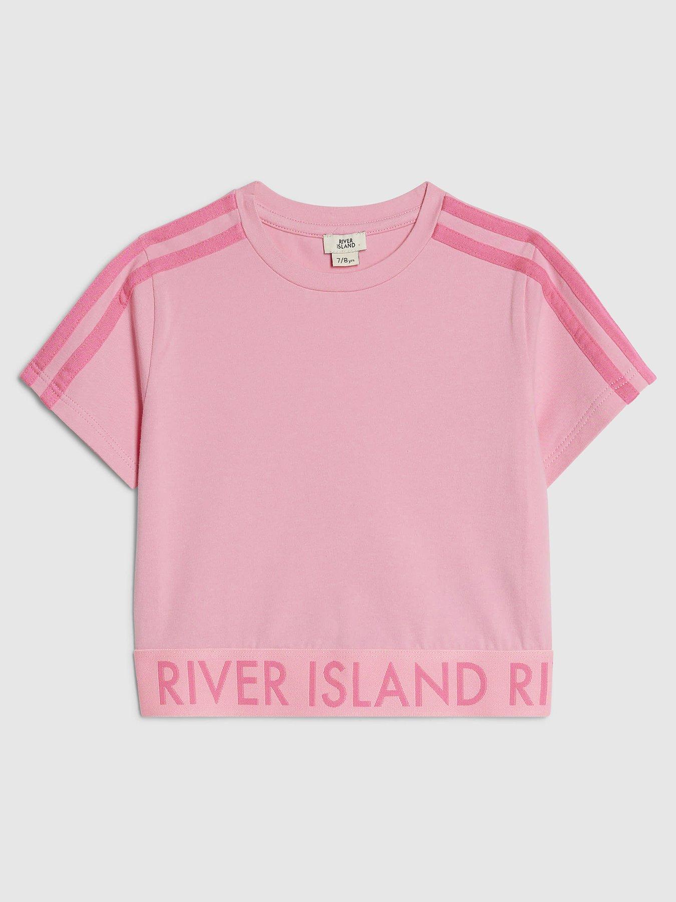 Image 1 of 4 of River Island Older Girls Side Stripe Waistband Top - Pink