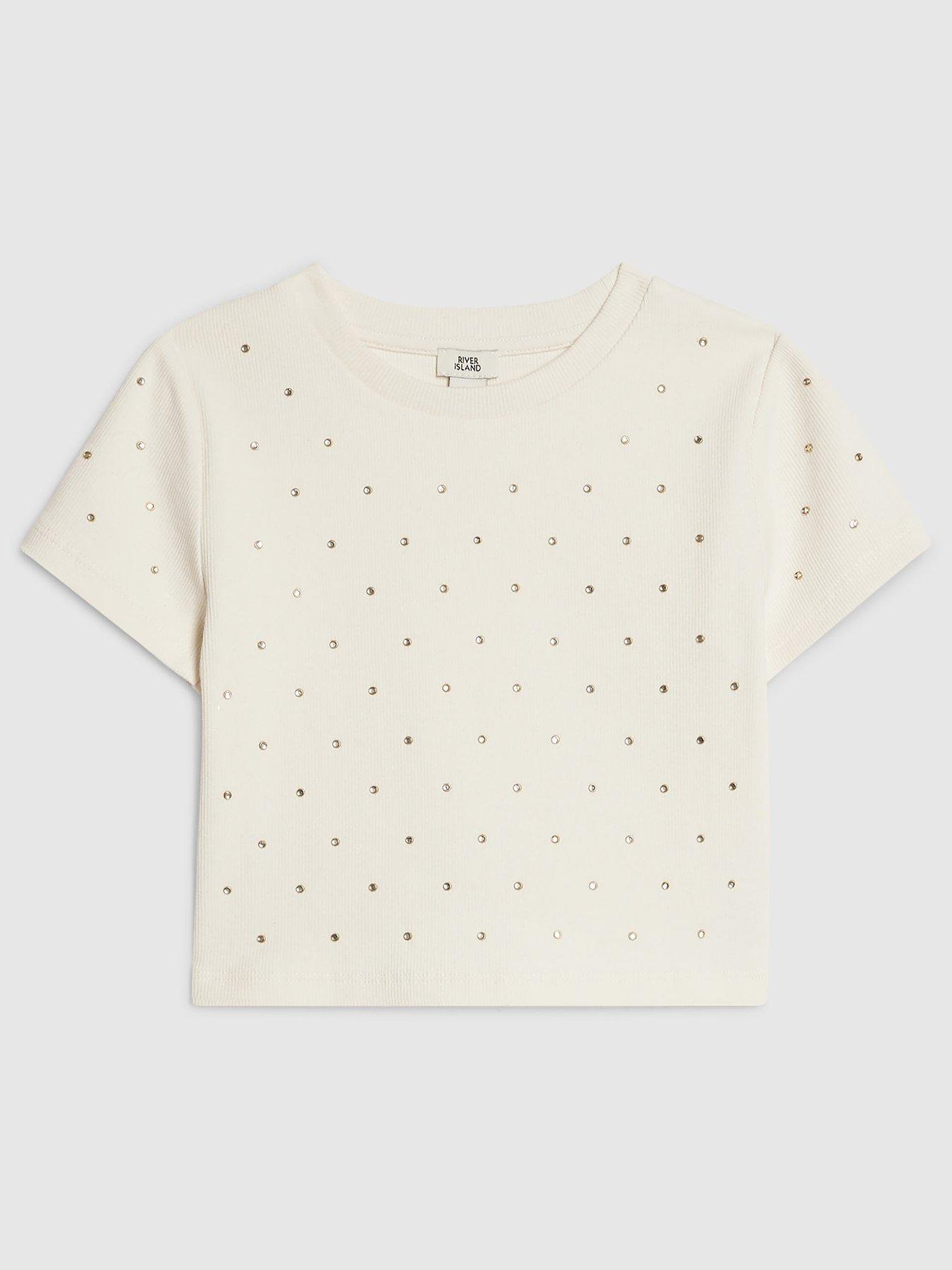 River Island Older Girls Studded Diamante T-Shirt - Cream