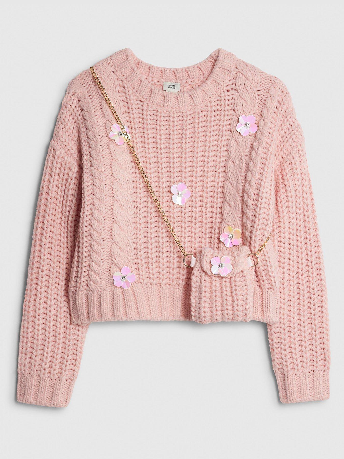 river-island-older-girls-knitted-flower-jumper-with-bag-pink