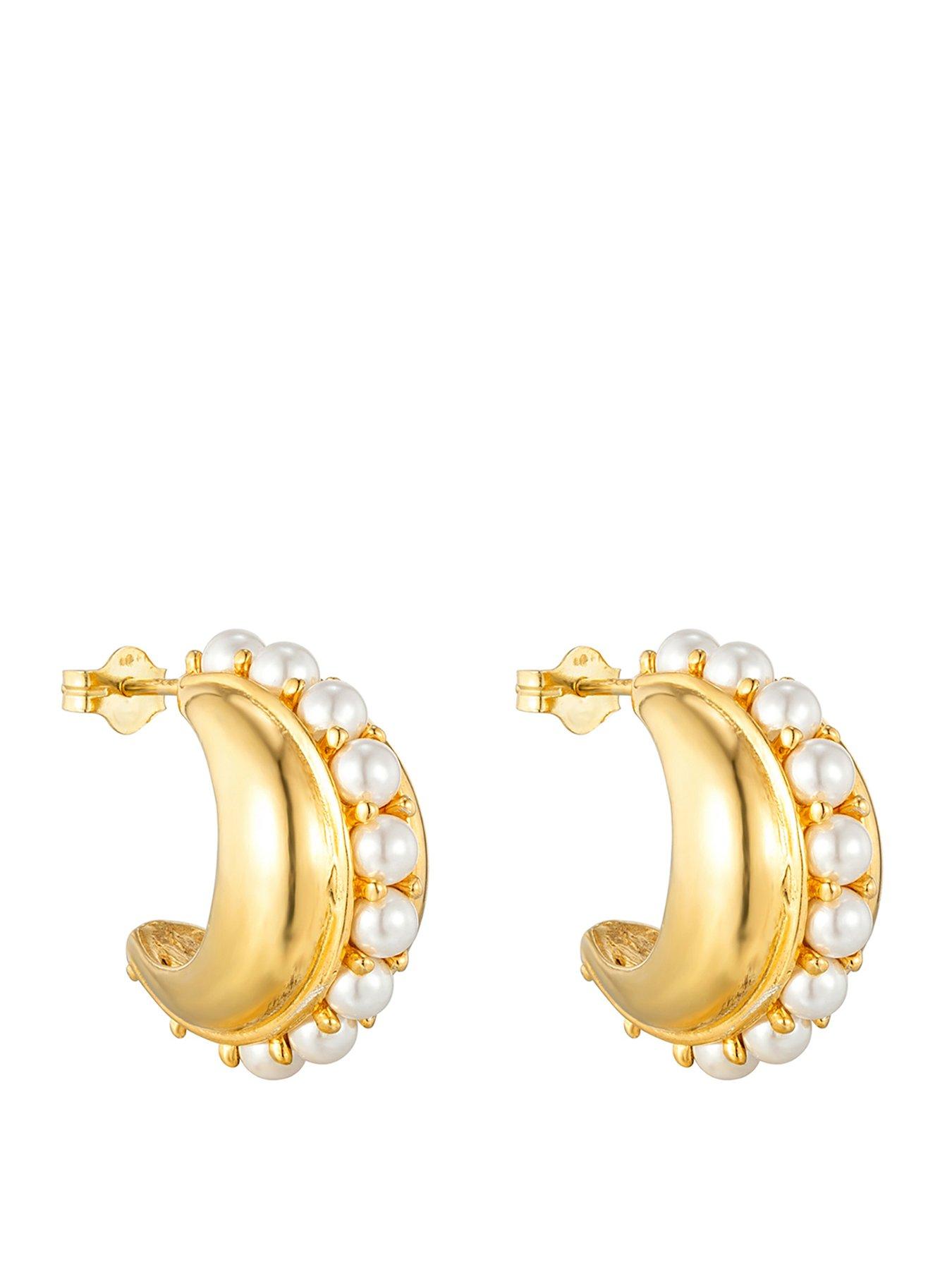 Image 1 of 6 of Seol + Gold 18ct Gold Plate Over Sterling Silver Chunky Pearl Studded Half Hoops