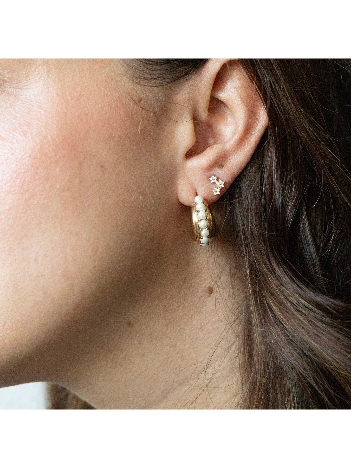 Image 2 of 6 of Seol + Gold 18ct Gold Plate Over Sterling Silver Chunky Pearl Studded Half Hoops