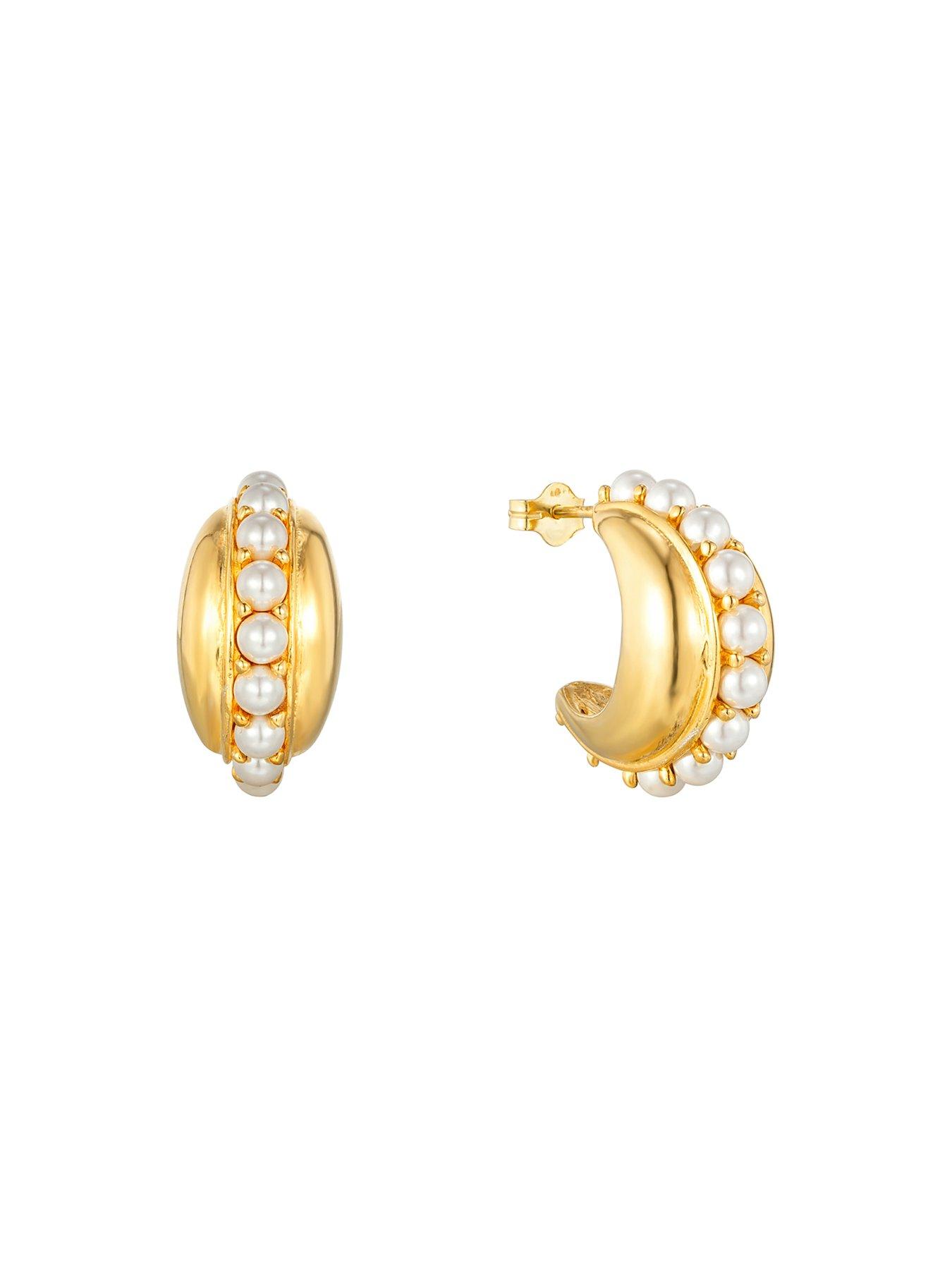 Image 3 of 6 of Seol + Gold 18ct Gold Plate Over Sterling Silver Chunky Pearl Studded Half Hoops