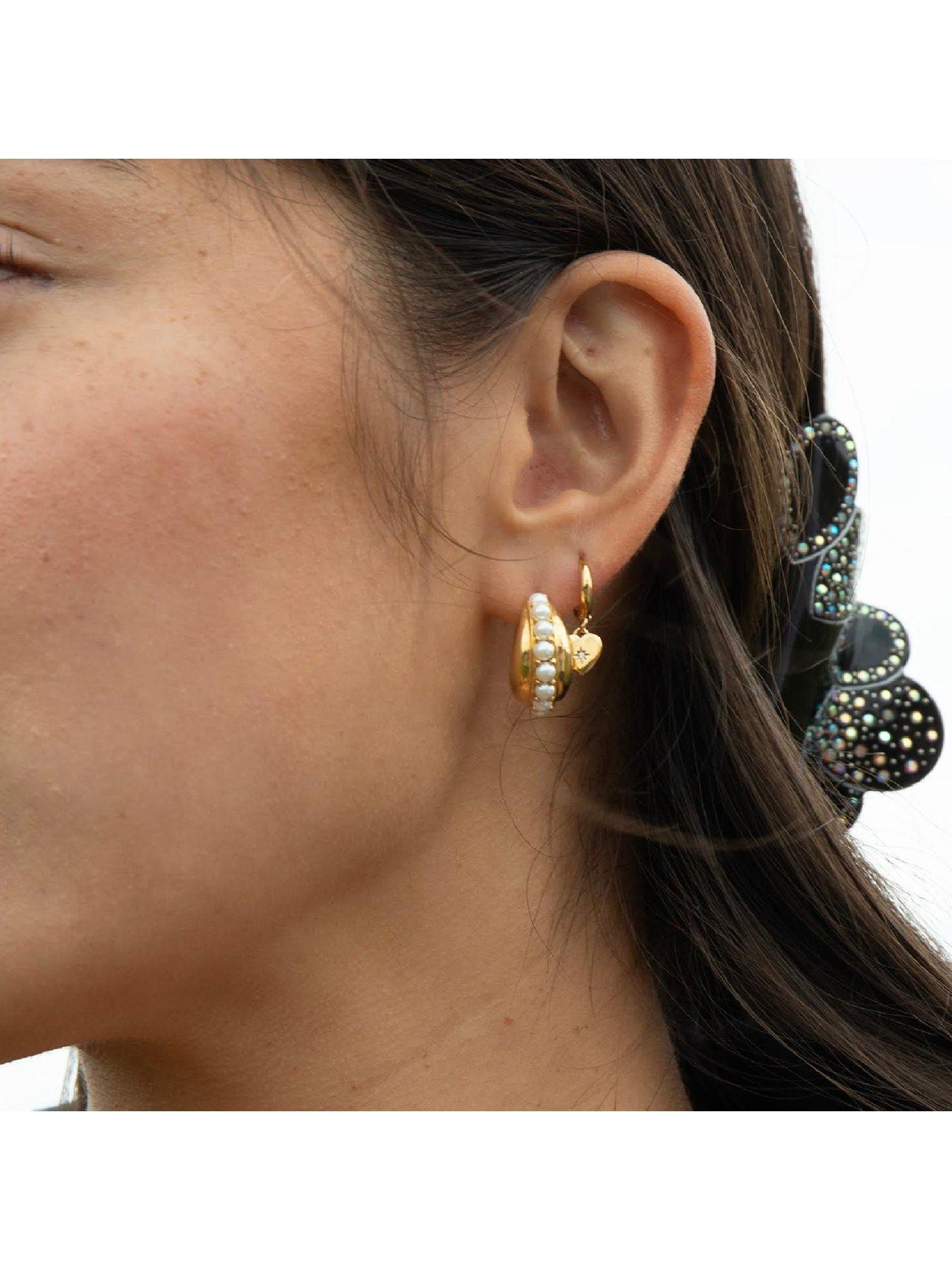 Image 5 of 6 of Seol + Gold 18ct Gold Plate Over Sterling Silver Chunky Pearl Studded Half Hoops