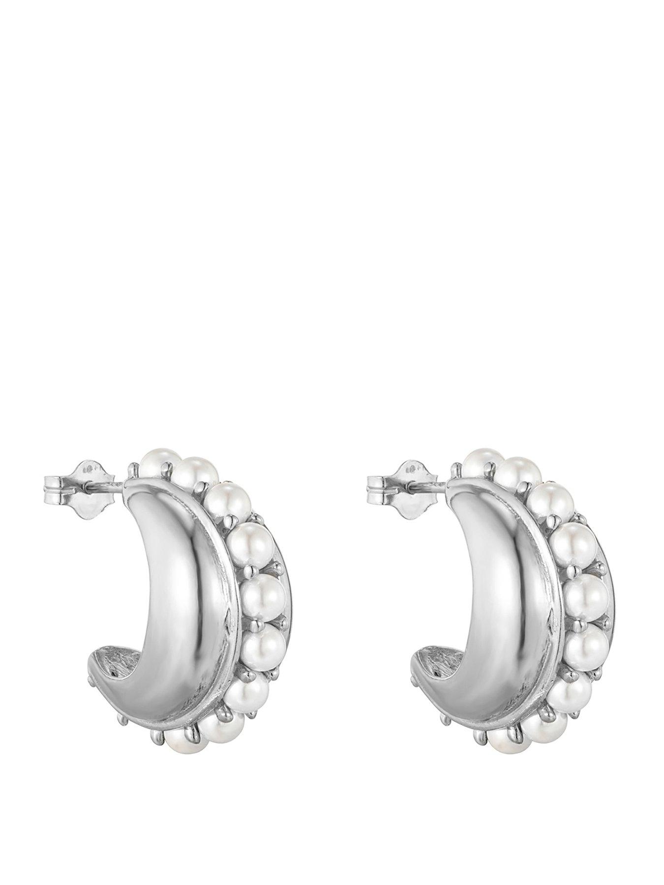 Image 1 of 4 of Seol + Gold Sterling Silver Chunky Pearl Studded Half Hoops