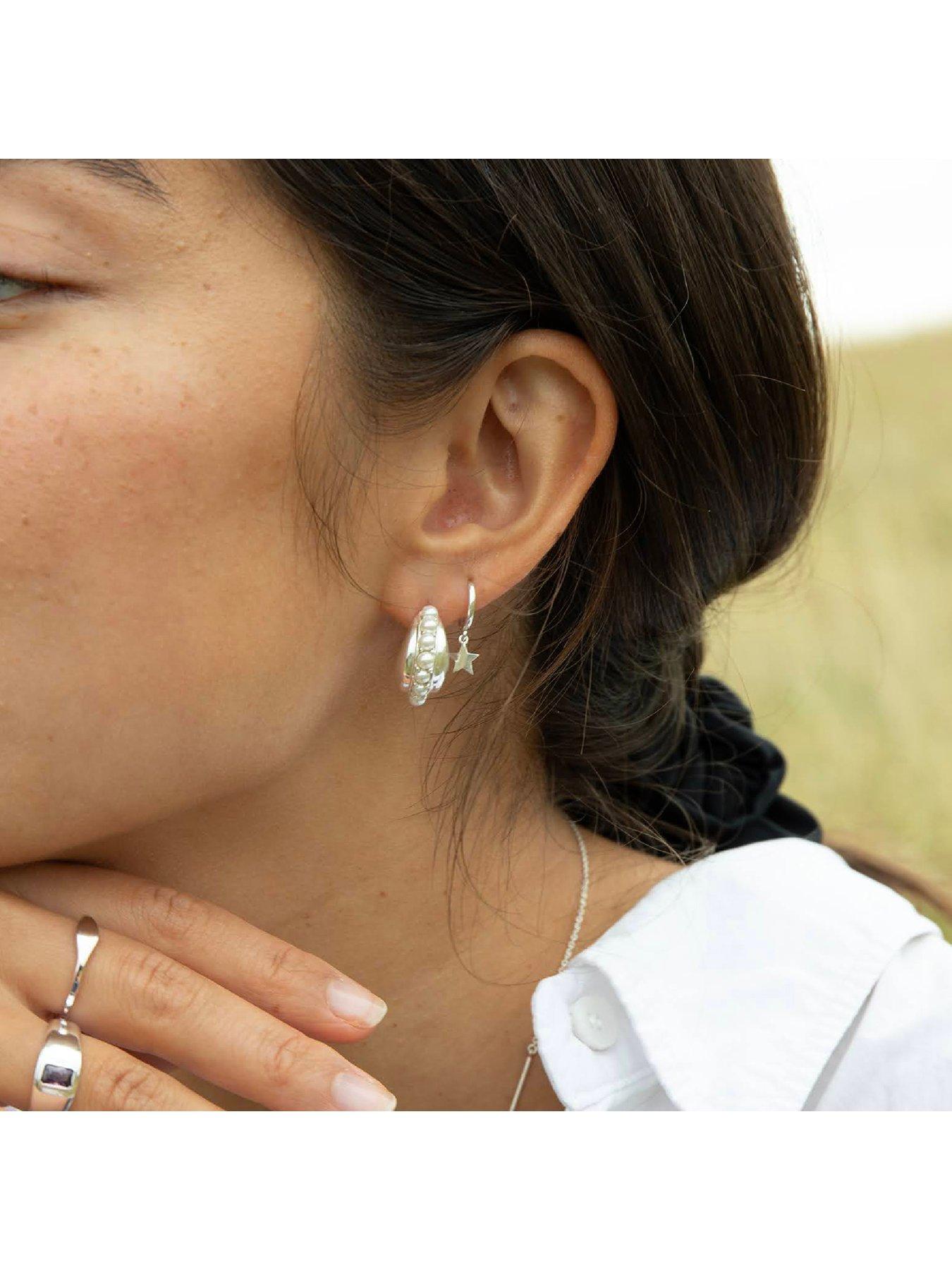 Image 2 of 4 of Seol + Gold Sterling Silver Chunky Pearl Studded Half Hoops