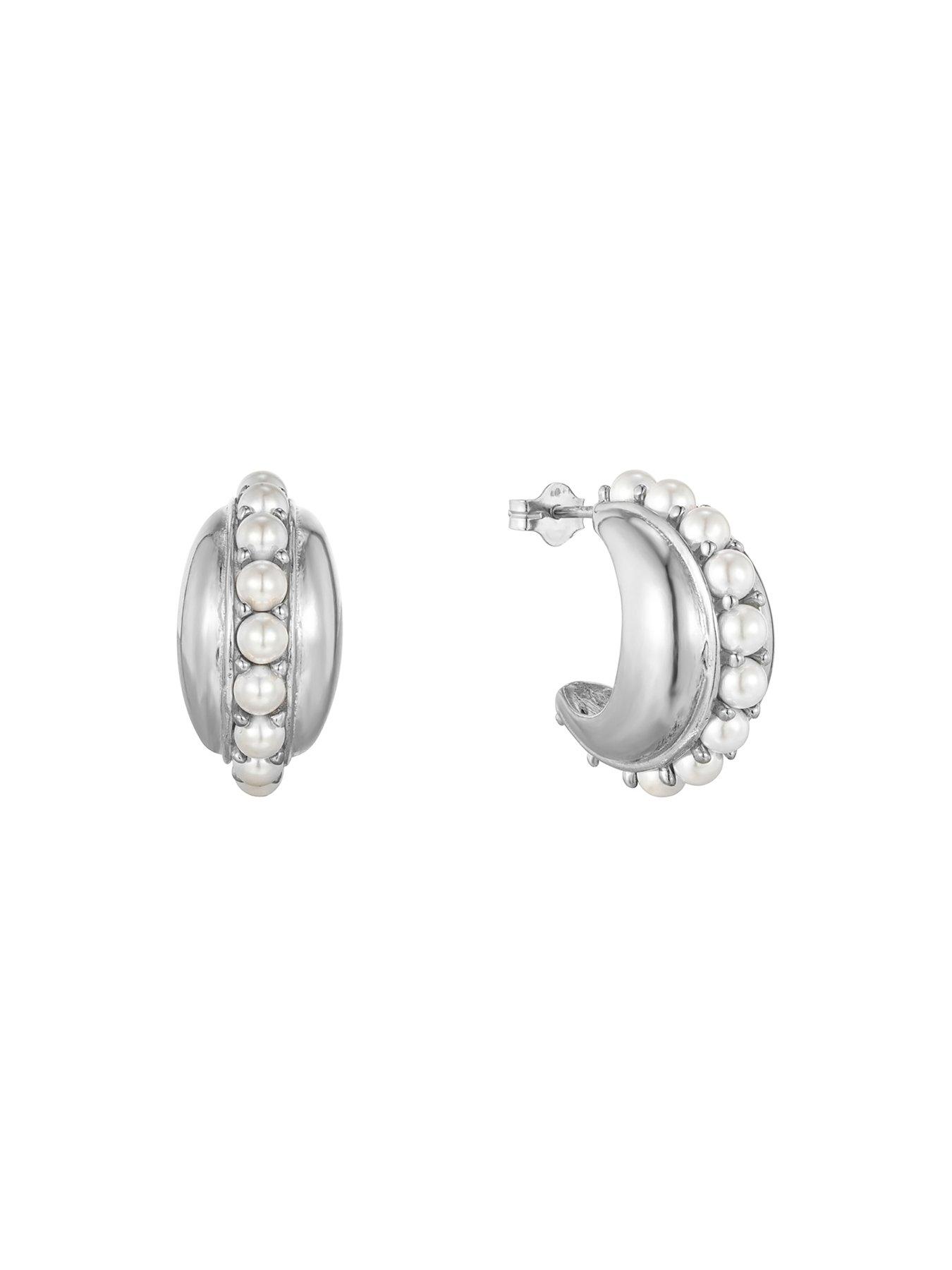 Image 3 of 4 of Seol + Gold Sterling Silver Chunky Pearl Studded Half Hoops