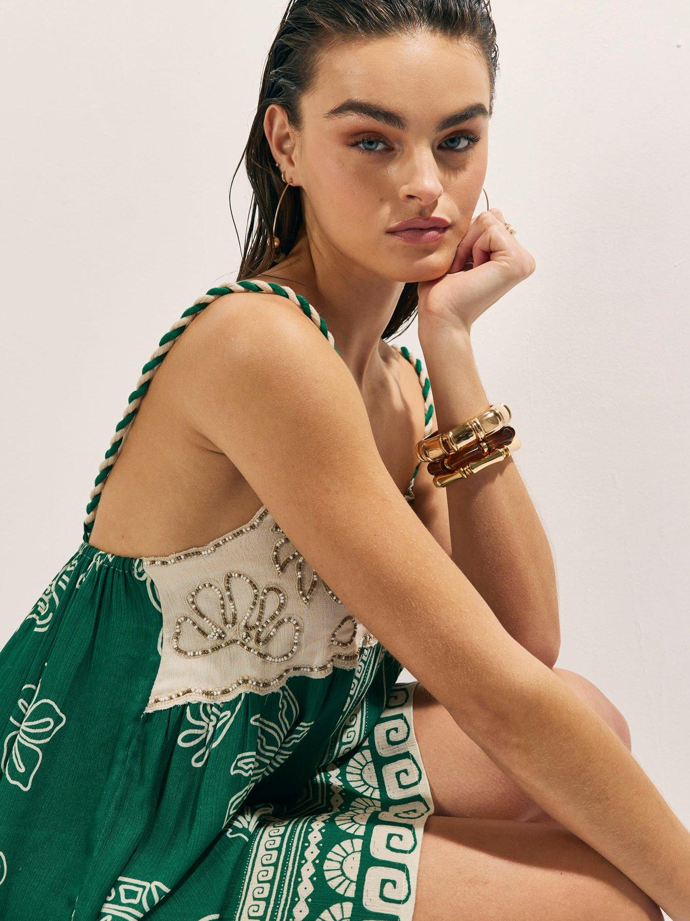 Image 4 of 4 of River Island Bead Rope Print Mini Dress - Green