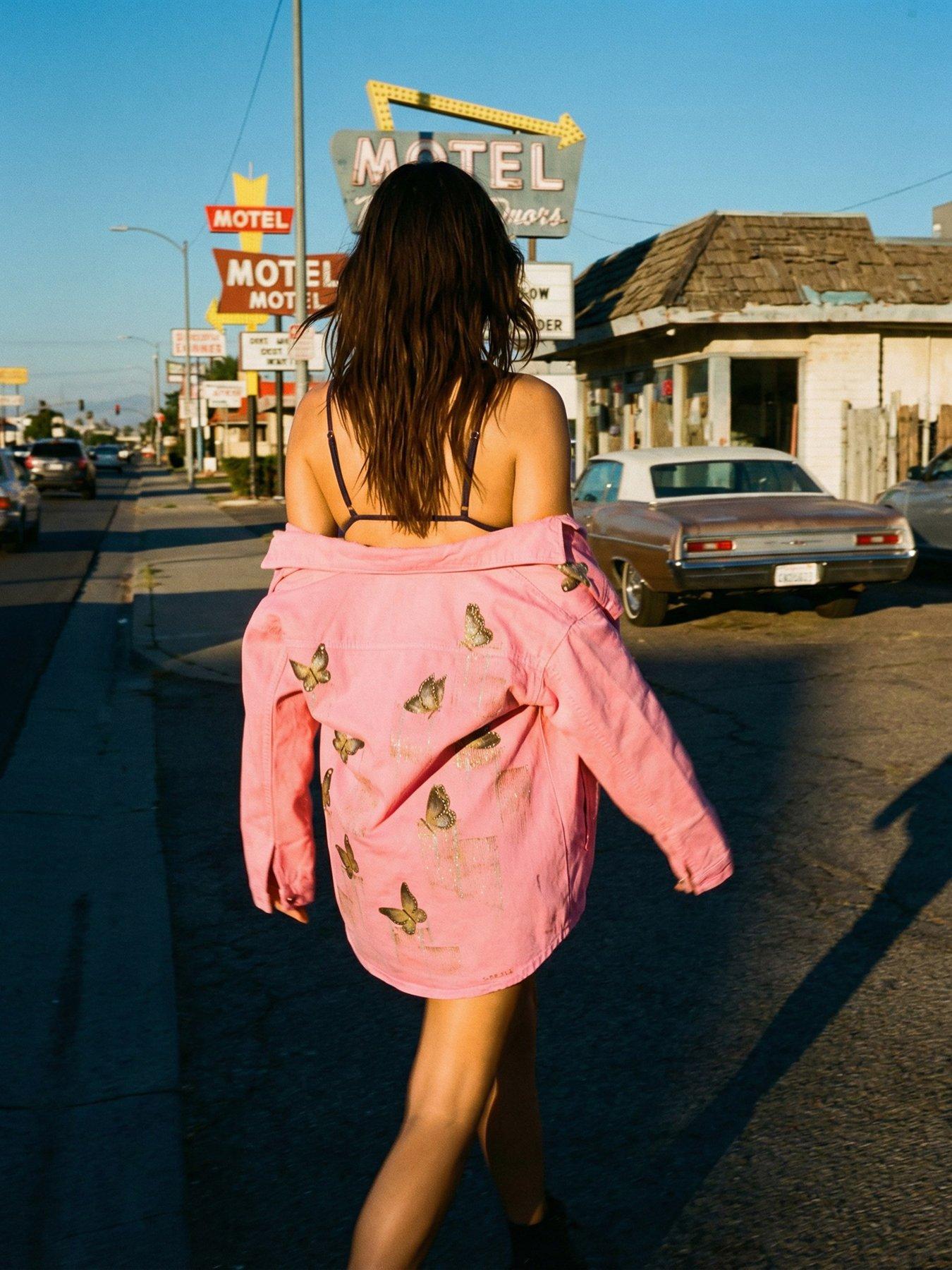 Image 4 of 5 of Sorena Long Line Butterfly Denim Jacket - Pink