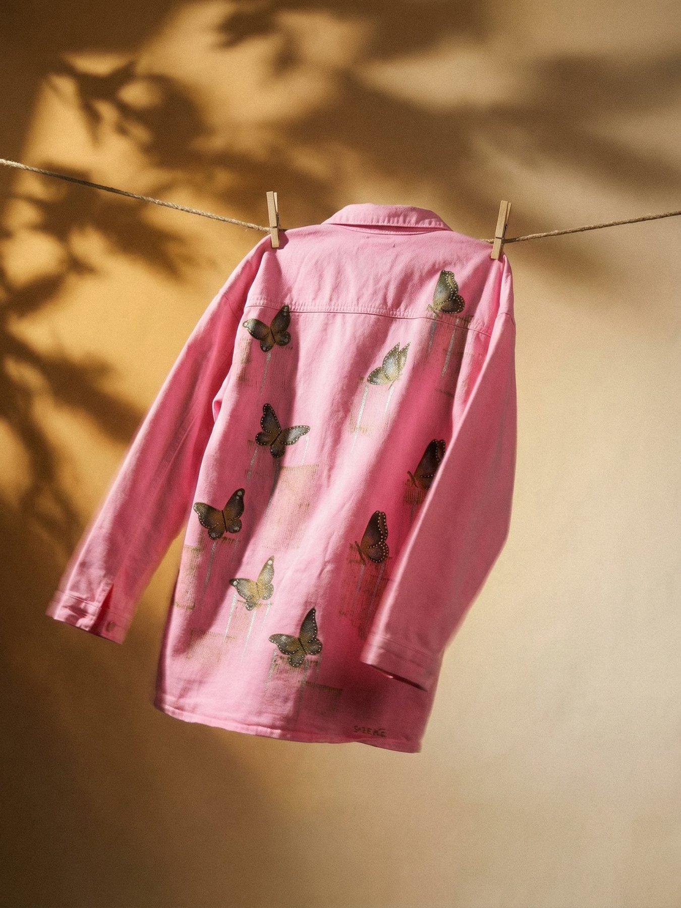 Image 5 of 5 of Sorena Long Line Butterfly Denim Jacket - Pink