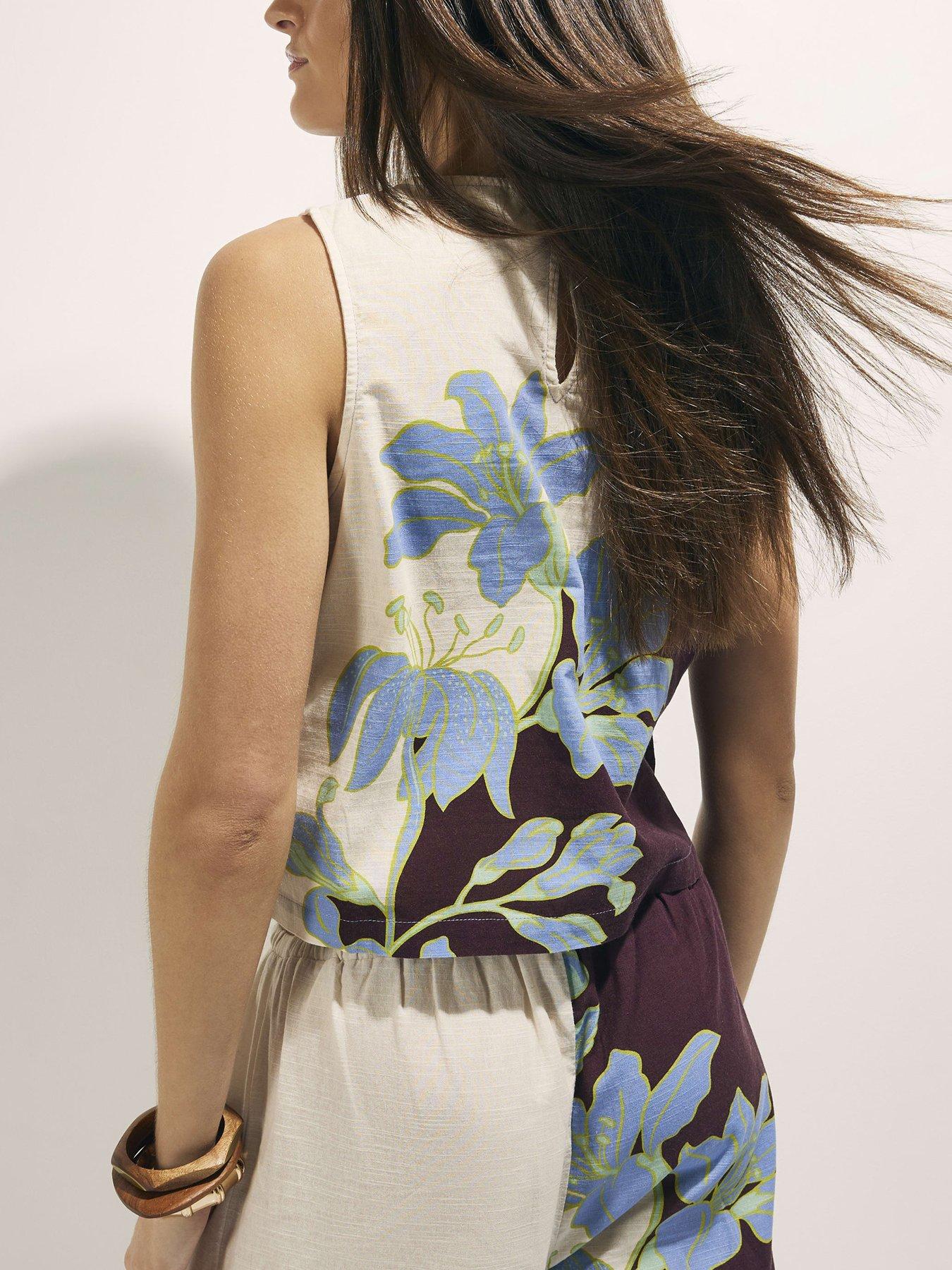 Image 2 of 4 of River Island Sleeveless Floral Border Print Vest Blouse - Brown/Cream