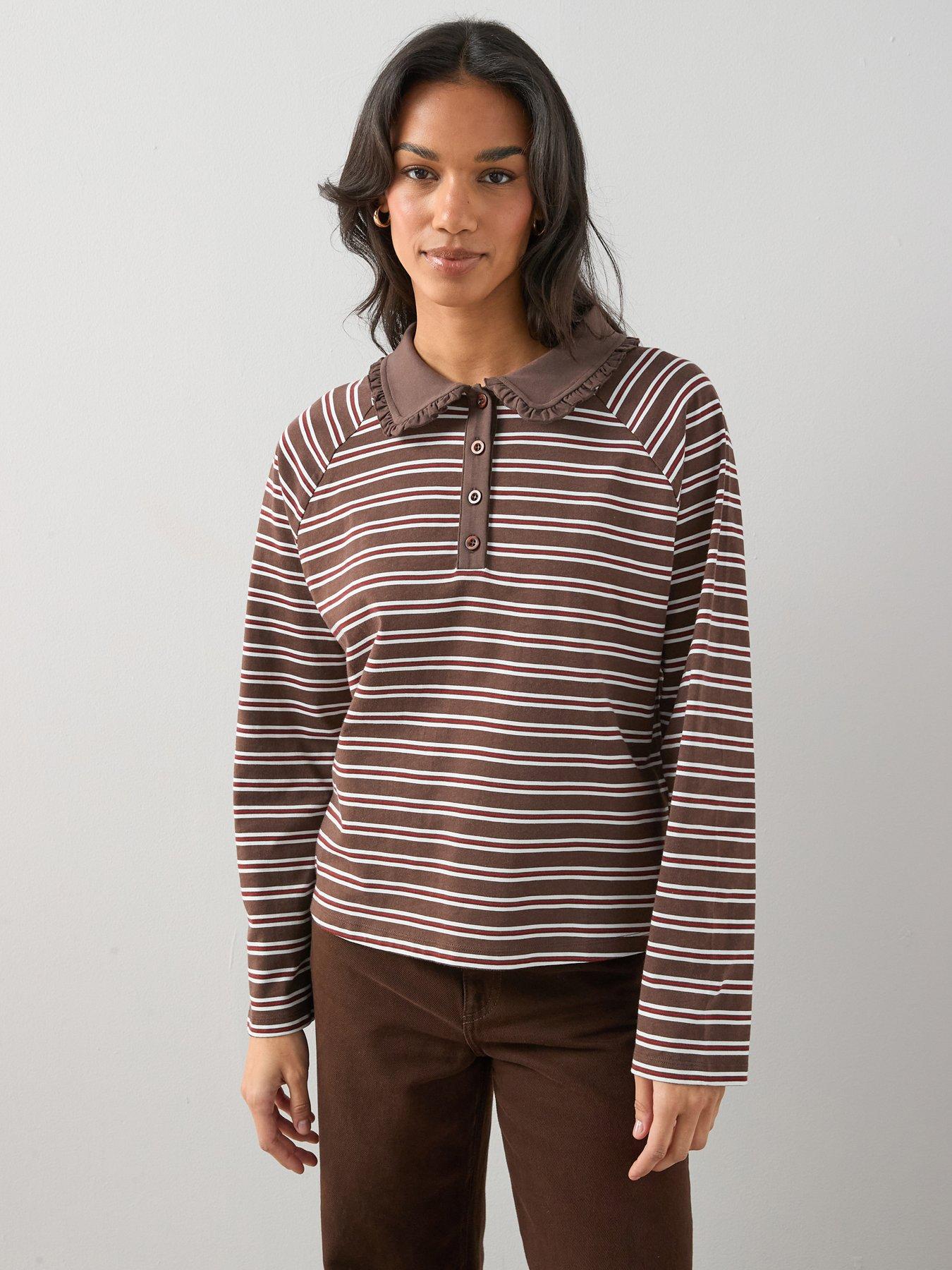 Image 6 of 7 of The Very Collection Stripe Collar Slouchy Rugby Top - Brown