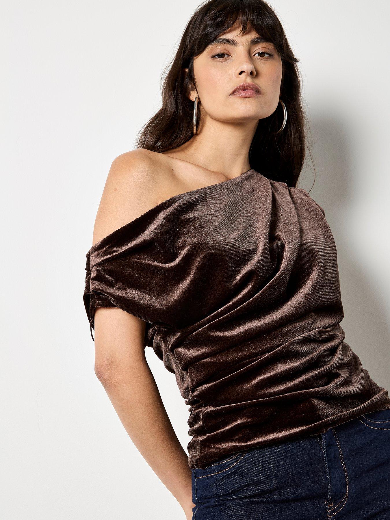 Apricot Draped Off The Shoulder Velvet Top - Brown