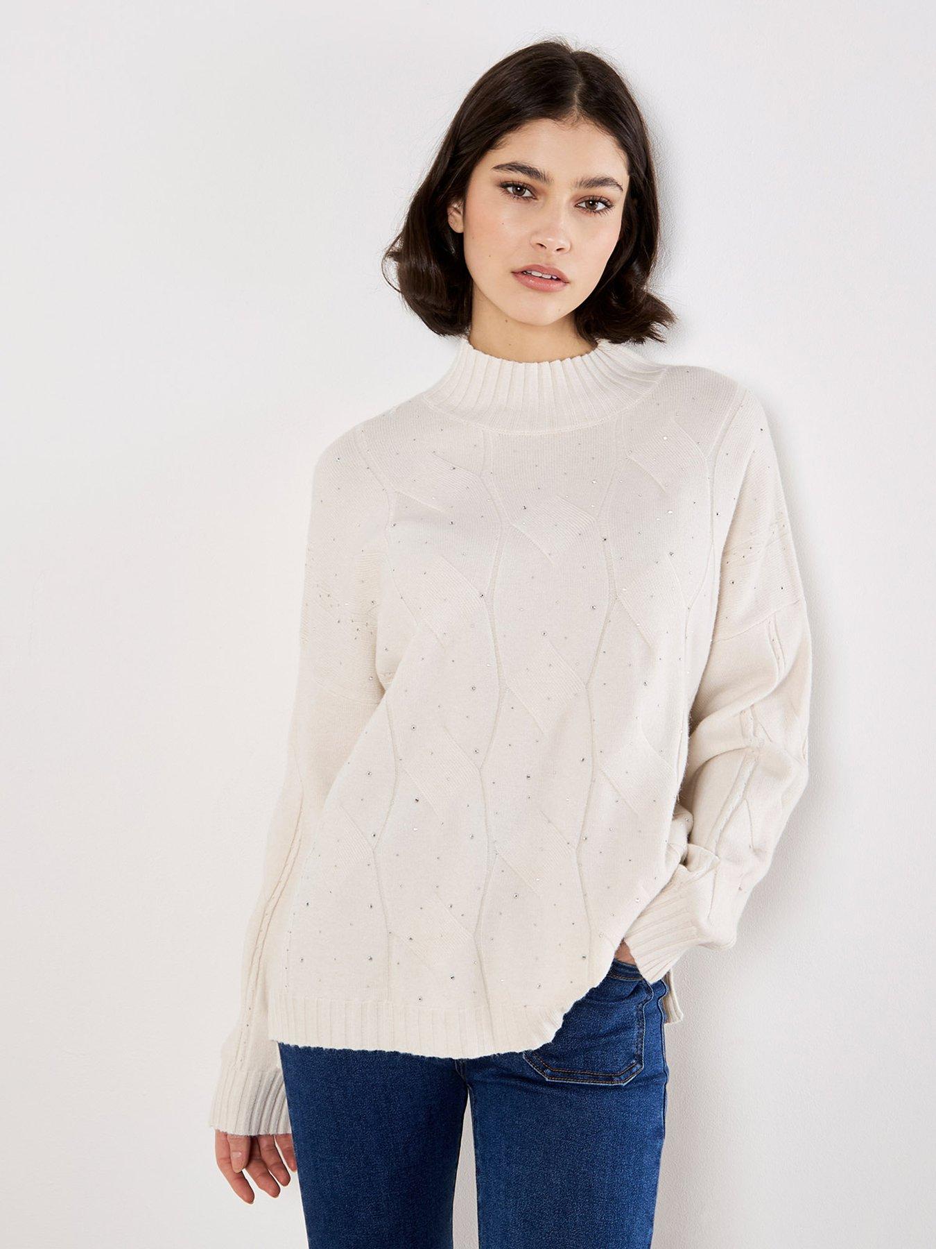 Apricot Sparkle Cable Front Mock Neck Jumper - Cream