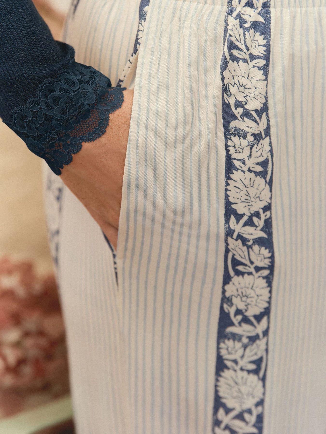 Image 5 of 7 of Laura Ashley Semington Damask Ribbed Jersey Pyjamas With Lace - Blue