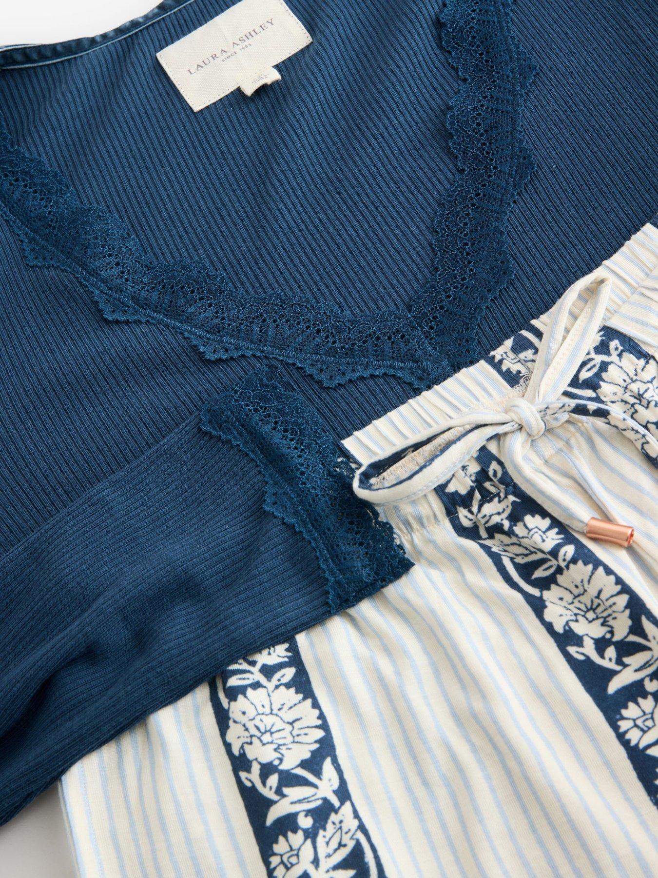 Image 7 of 7 of Laura Ashley Semington Damask Ribbed Jersey Pyjamas With Lace - Blue