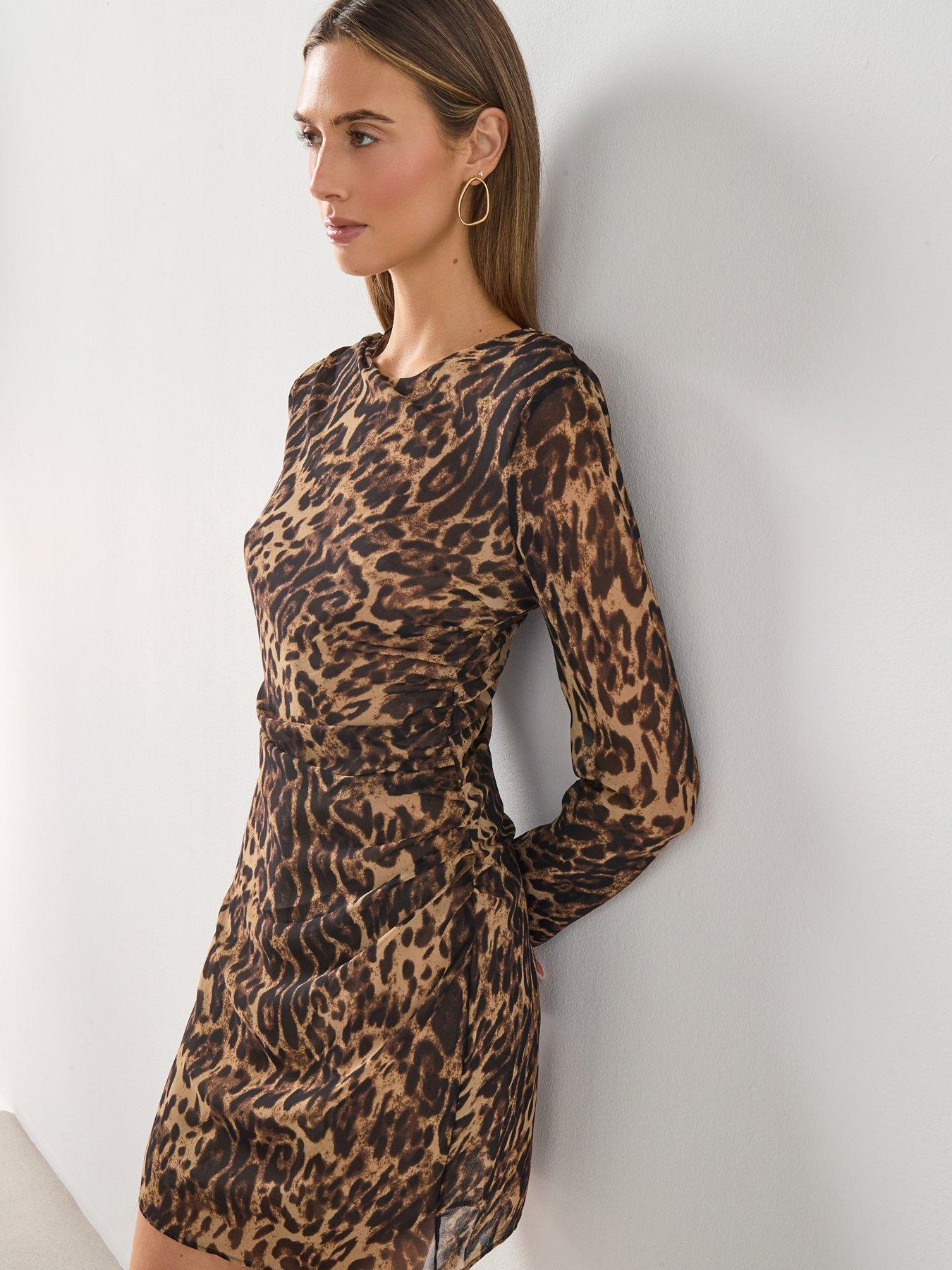 Image 4 of 6 of Mango Leopard Print Dress With Ruched Waist - Brown