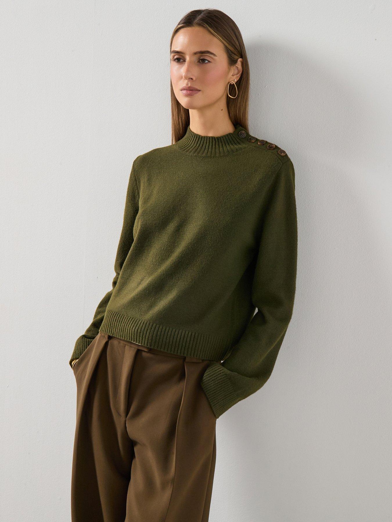 Image 1 of 6 of Mango High Neck Jumper With Button Detail - Green