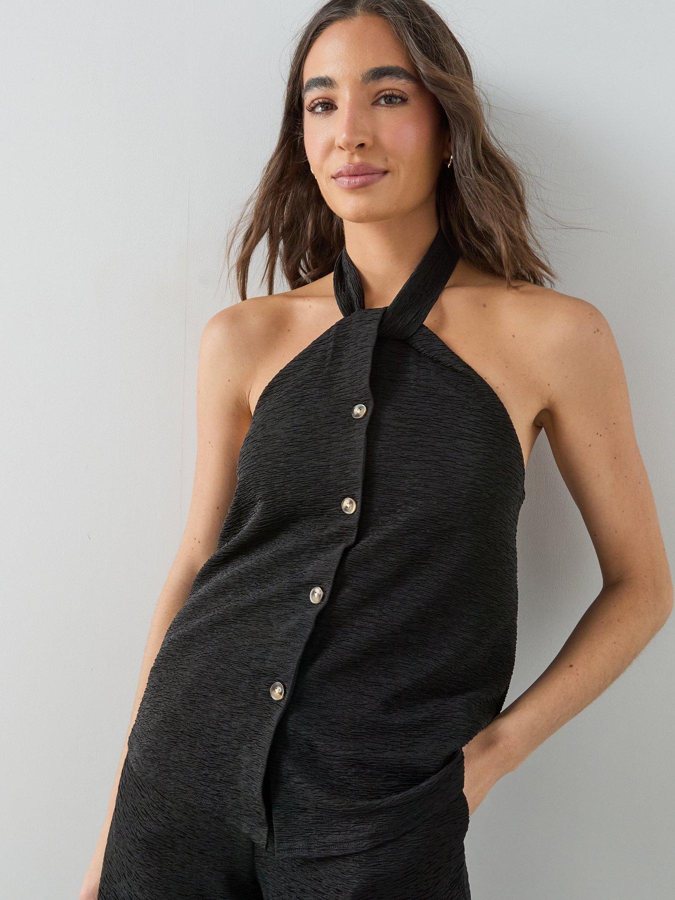 The Very Collection Textured Button Halter Top Co-Ord - Black