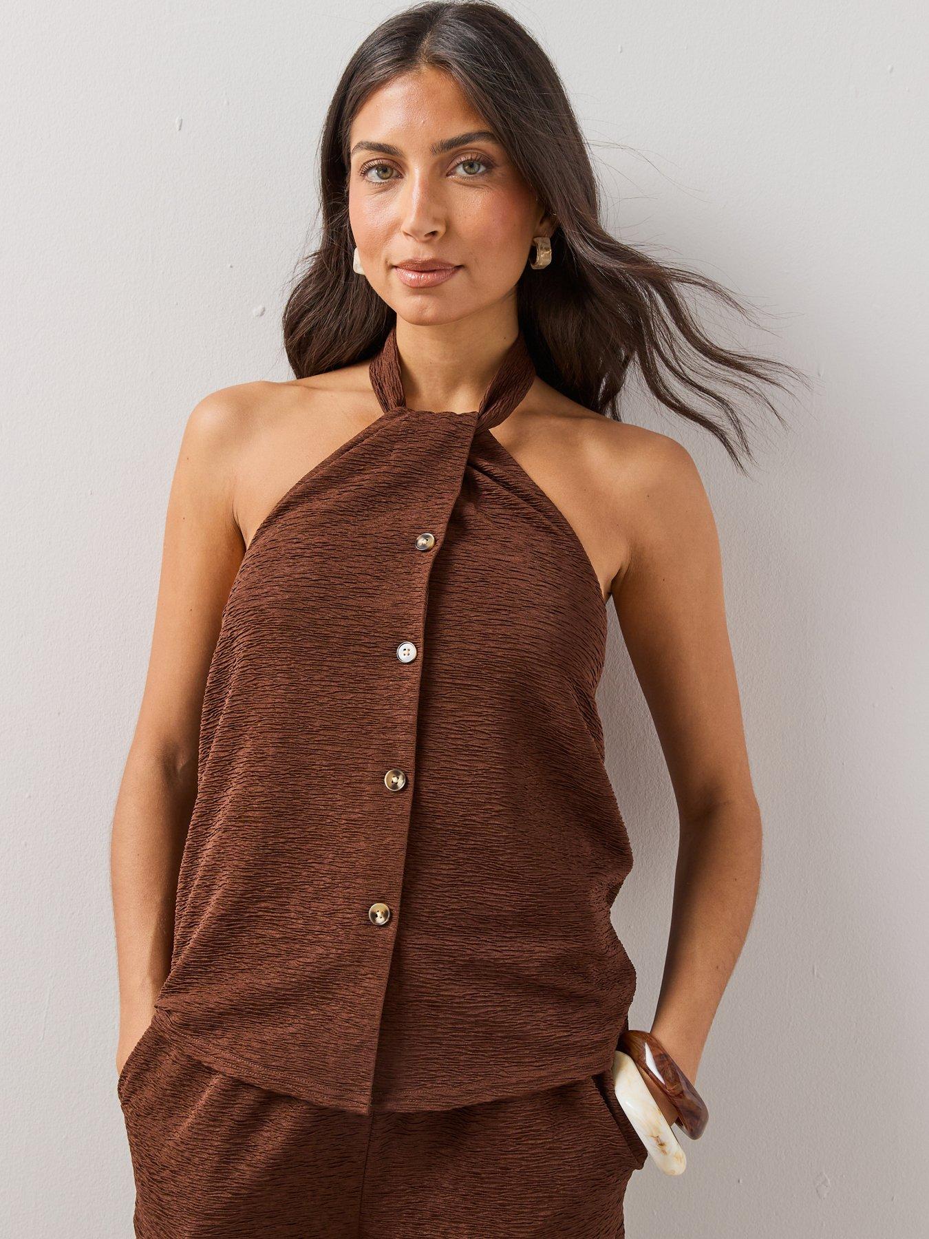 The Very Collection Textured Button Halter Top Co-Ord - Brown