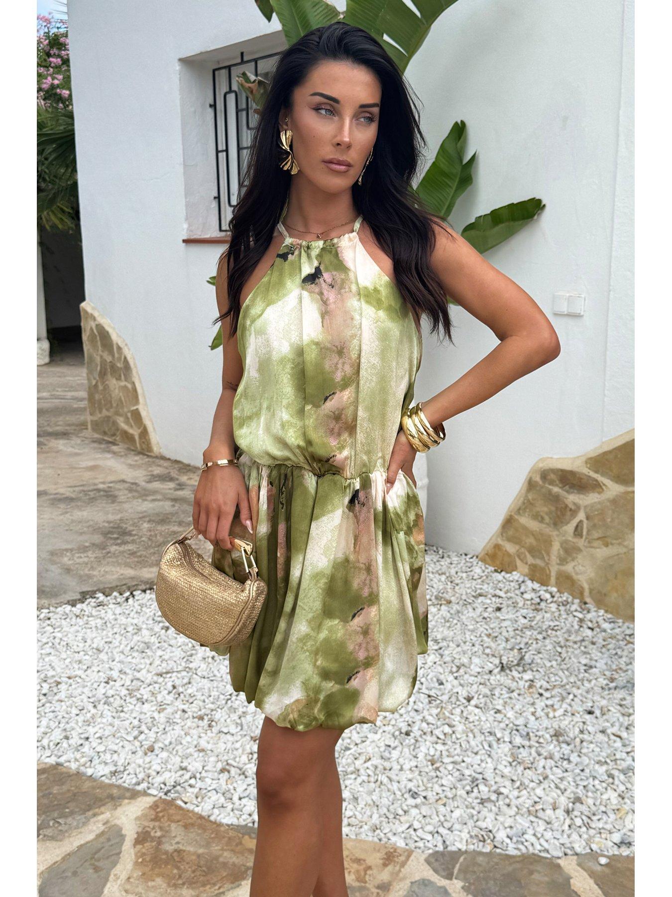 Image 3 of 4 of AX Paris Marble Print Racer Neck Bubble Hem Mini Dress - Lime