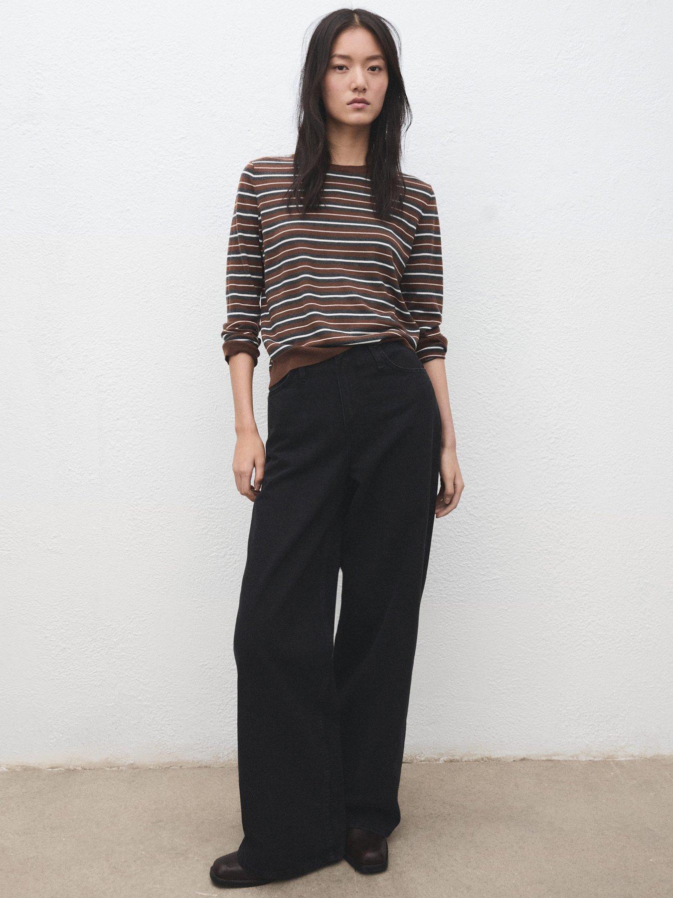 Image 1 of 6 of Mango Knit Striped Sweater - Brown