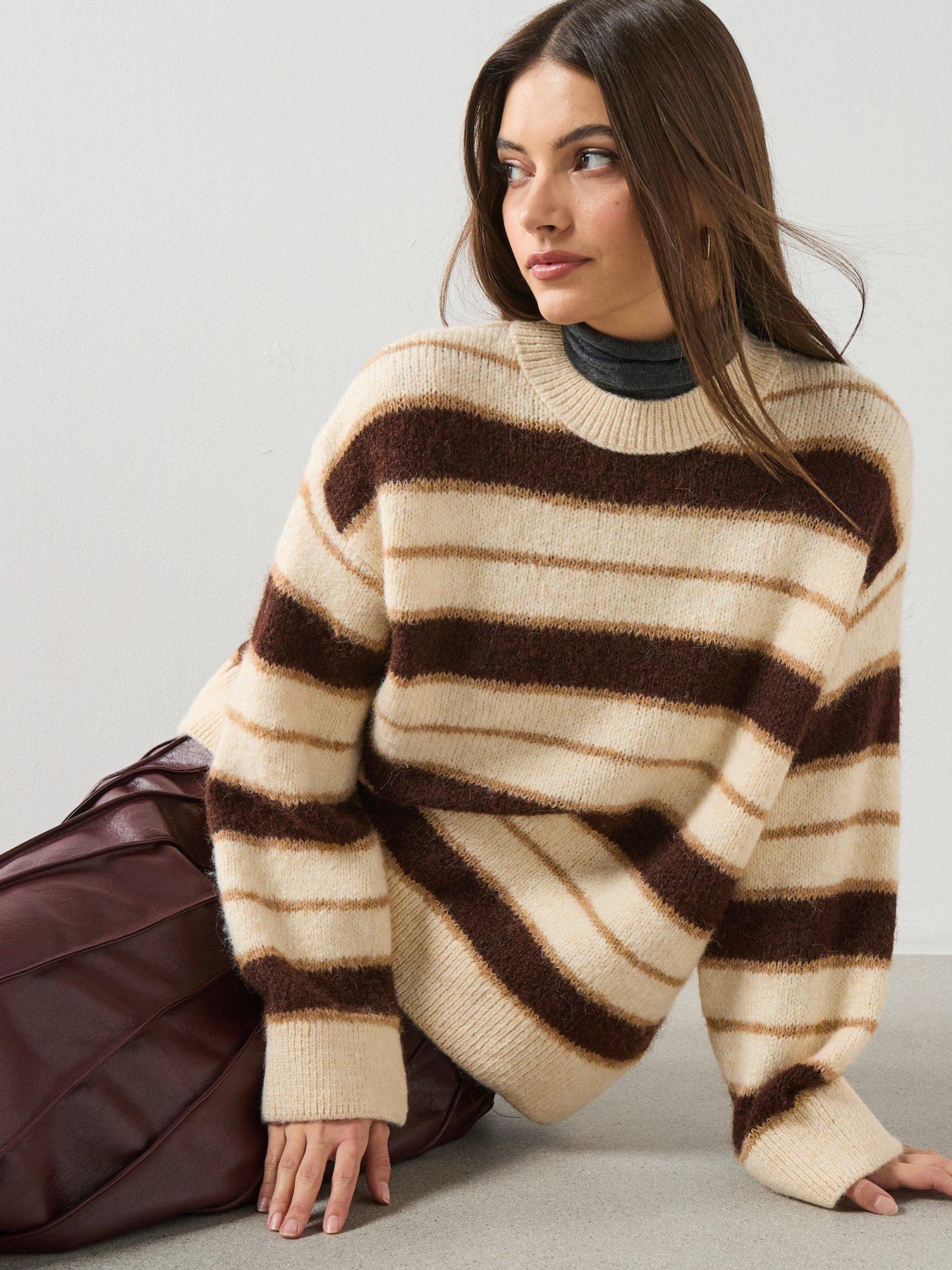 Image 1 of 6 of Mango Knit Striped Sweater - Ecru