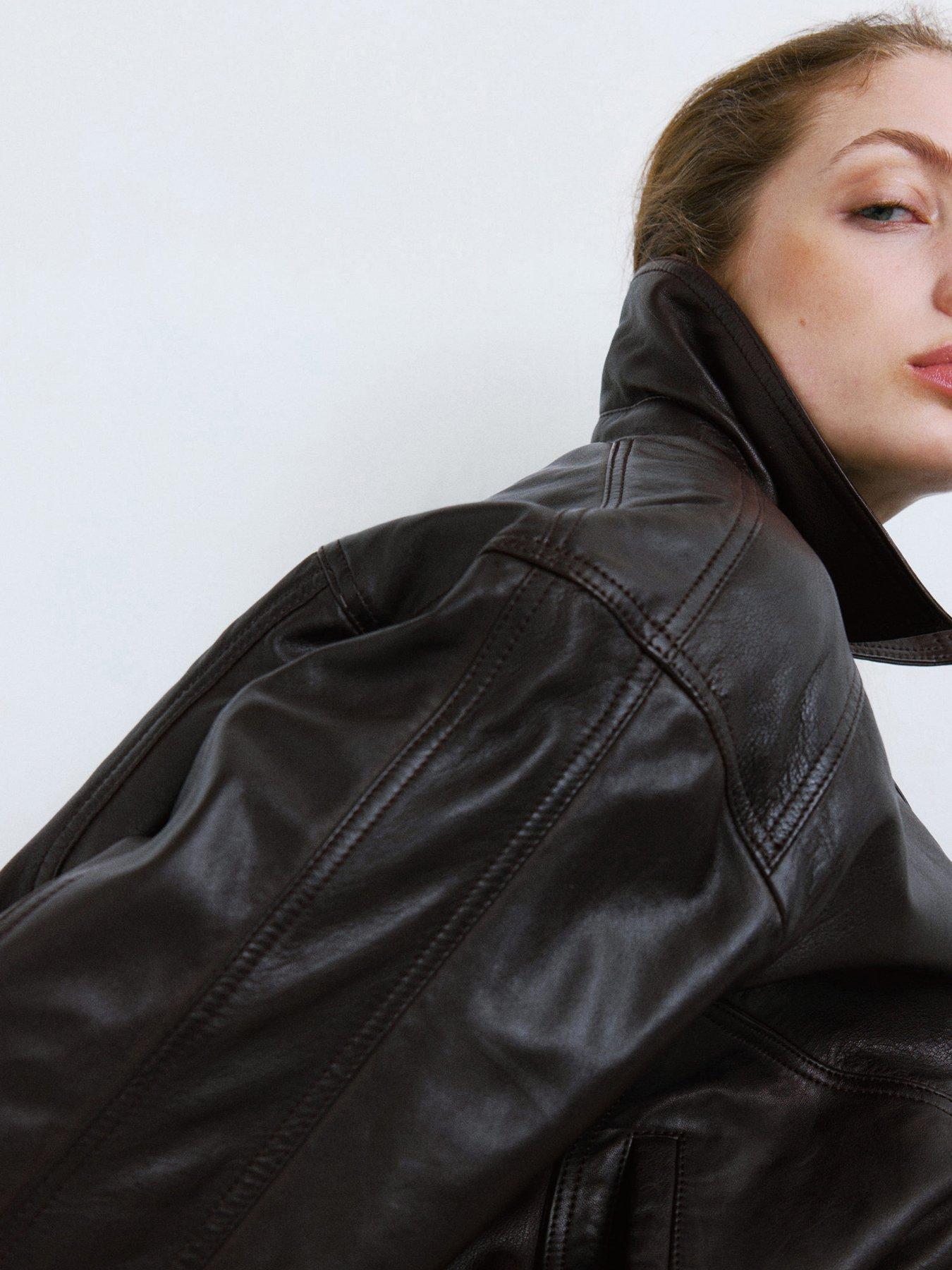 Image 4 of 6 of Mango Oversized Leather Jacket - Brown