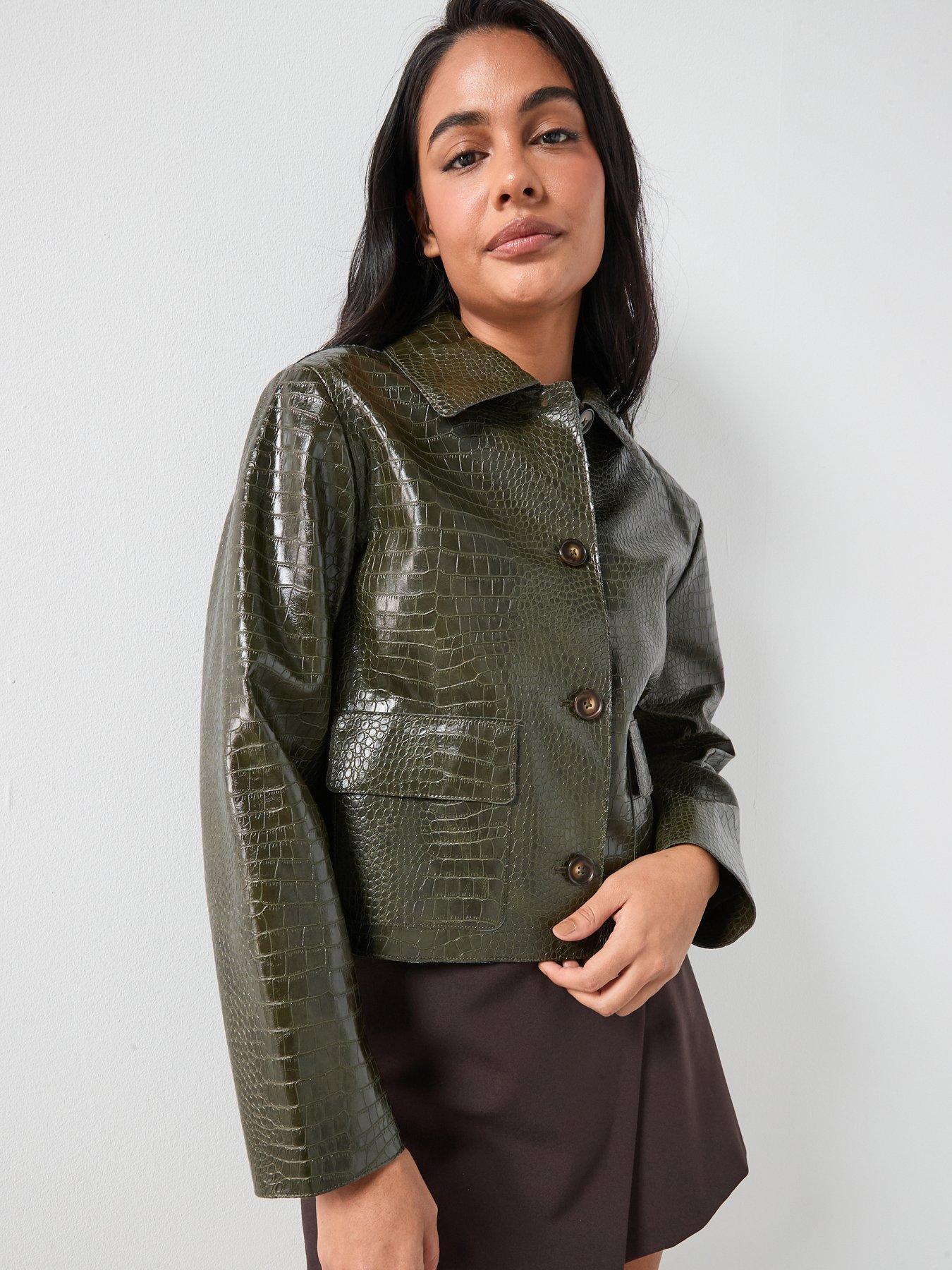 Image 1 of 6 of Mango Leather Regular Cropped Textured Jacket