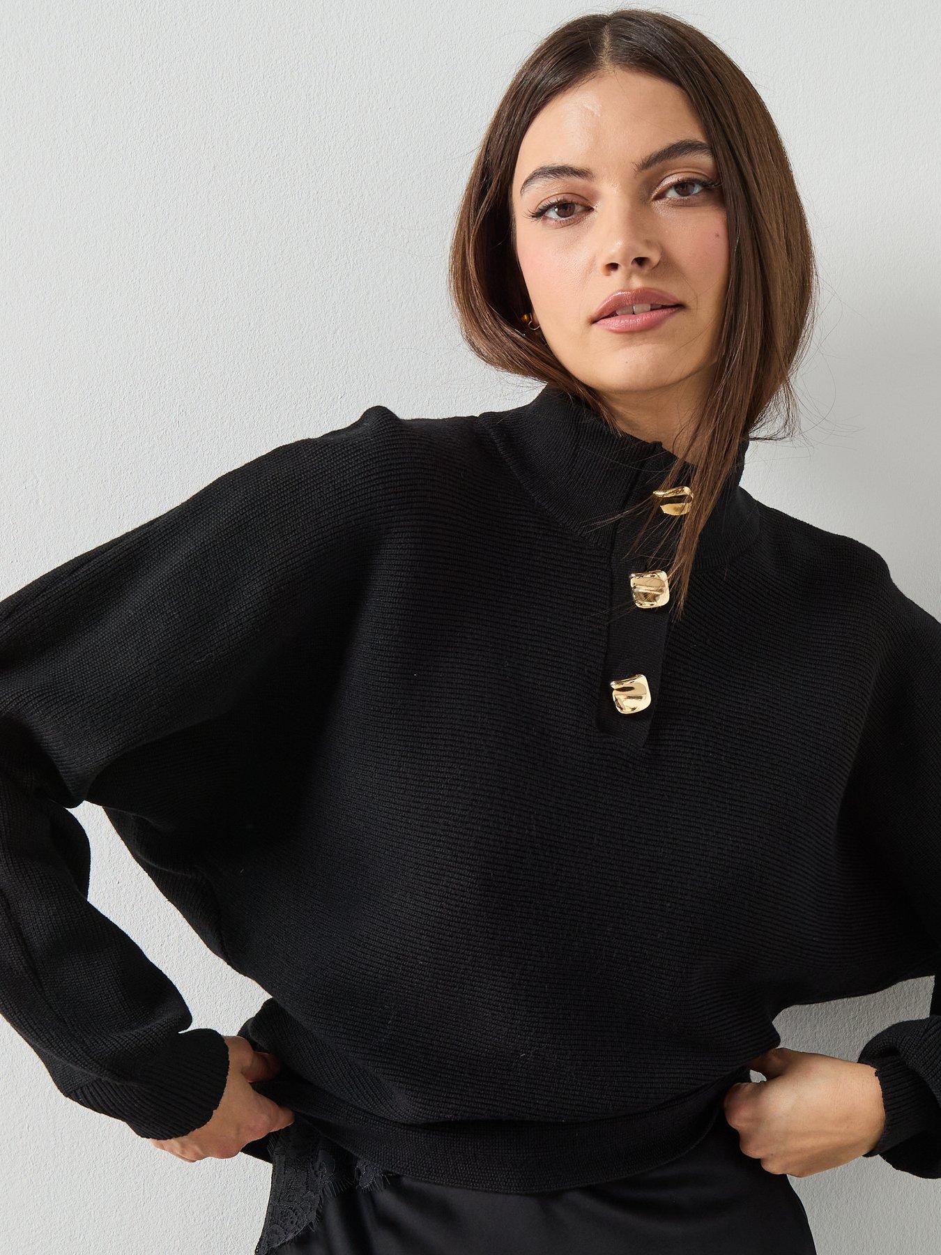 Mango Turtleneck Sweater With Gold Tone Buttons - Black