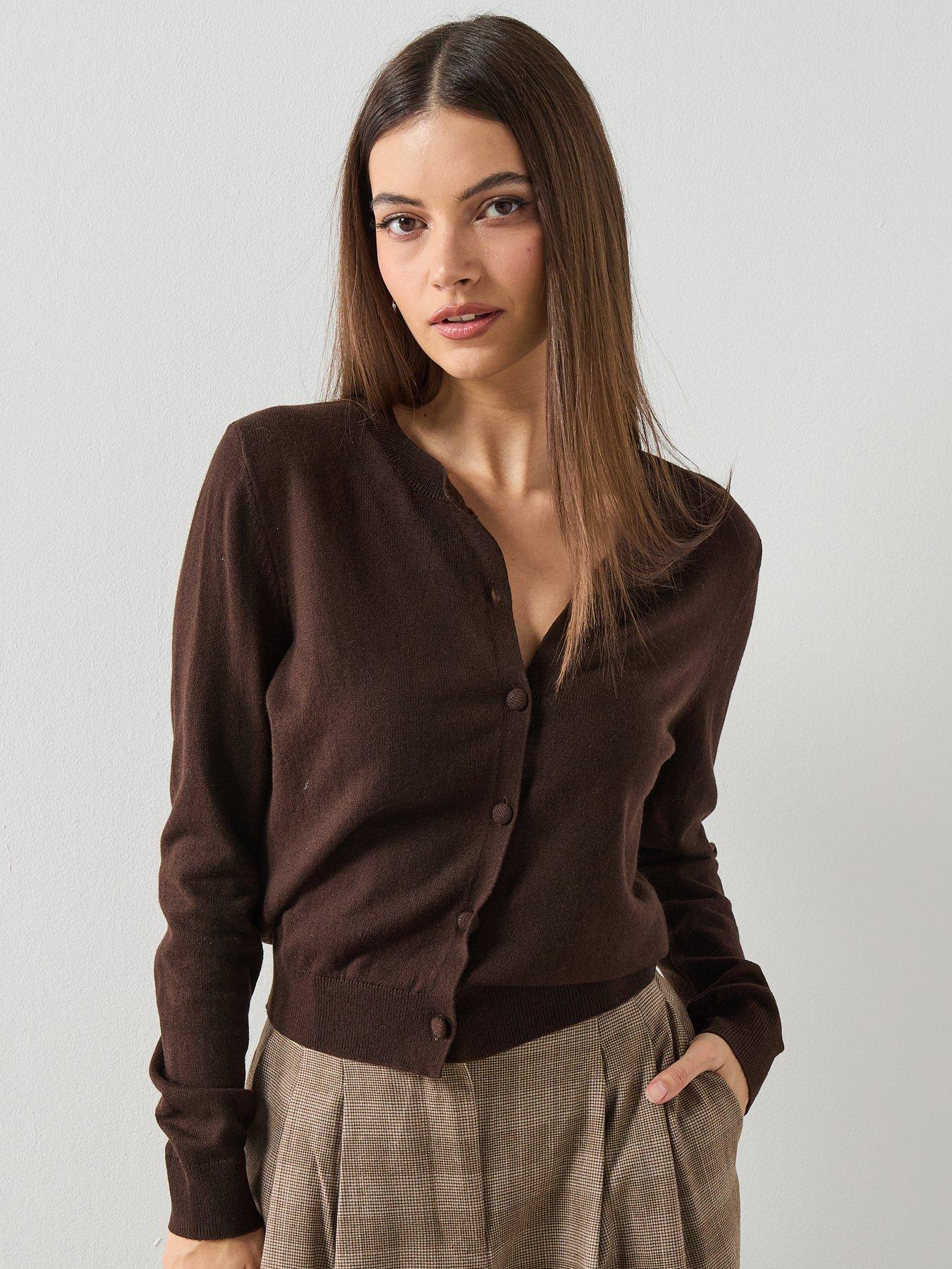 Image 1 of 6 of Mango Knitted Button Cardigan - Brown