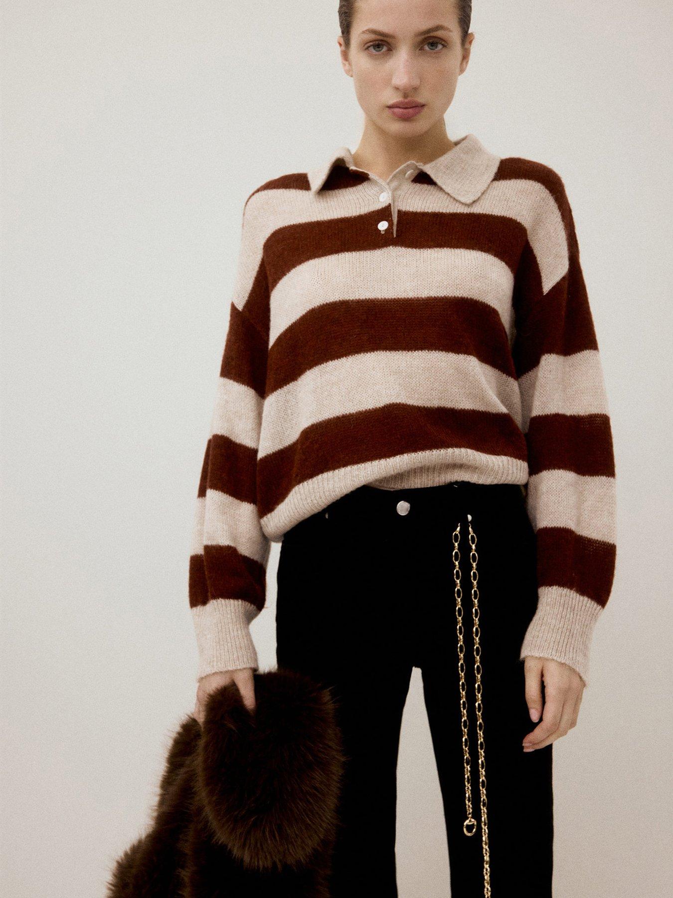 Mango Polo Neck Striped Jumper - Brown