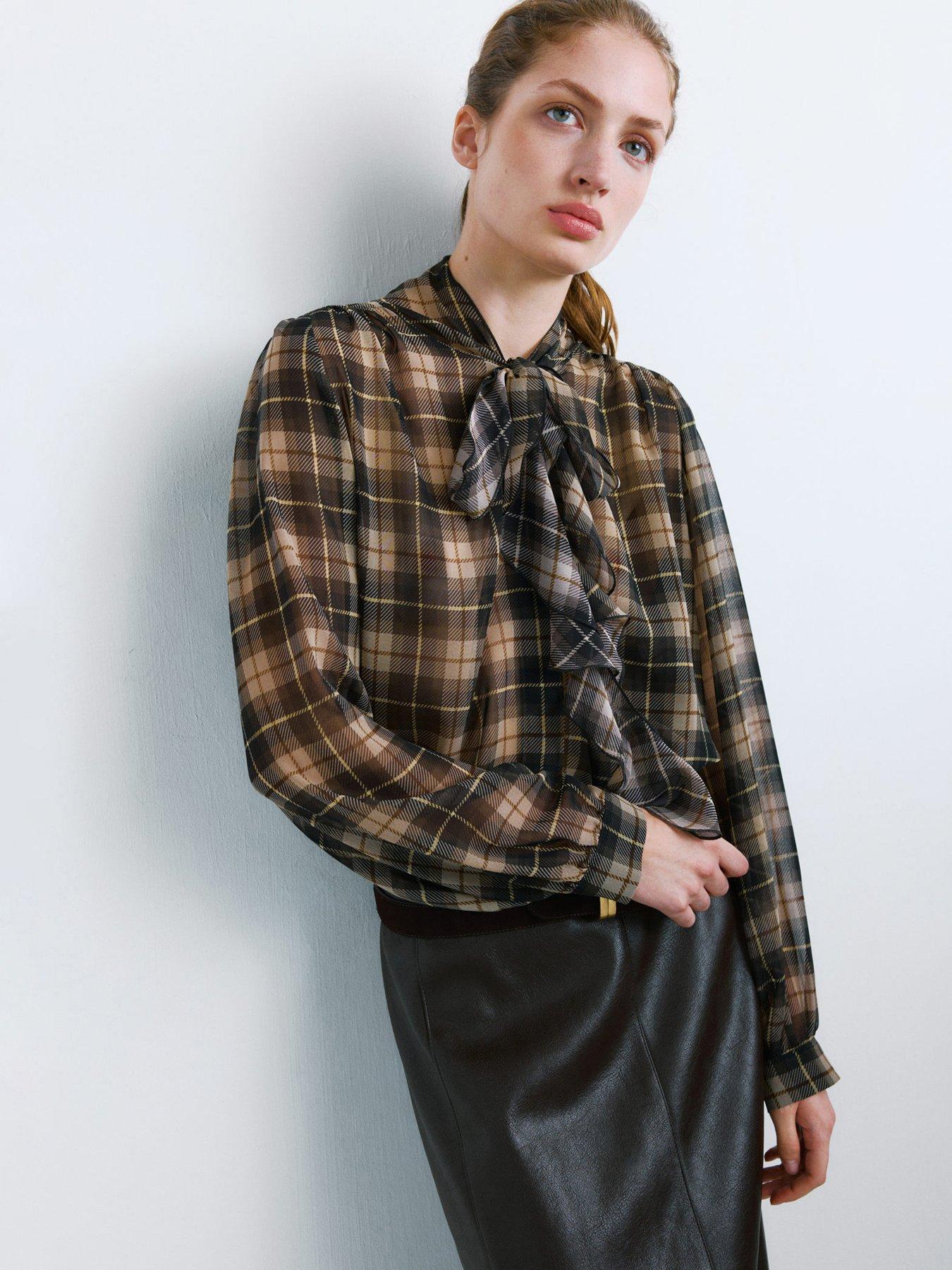 mango-blouse-with-check-pattern-and-foulard-collar-blackfront