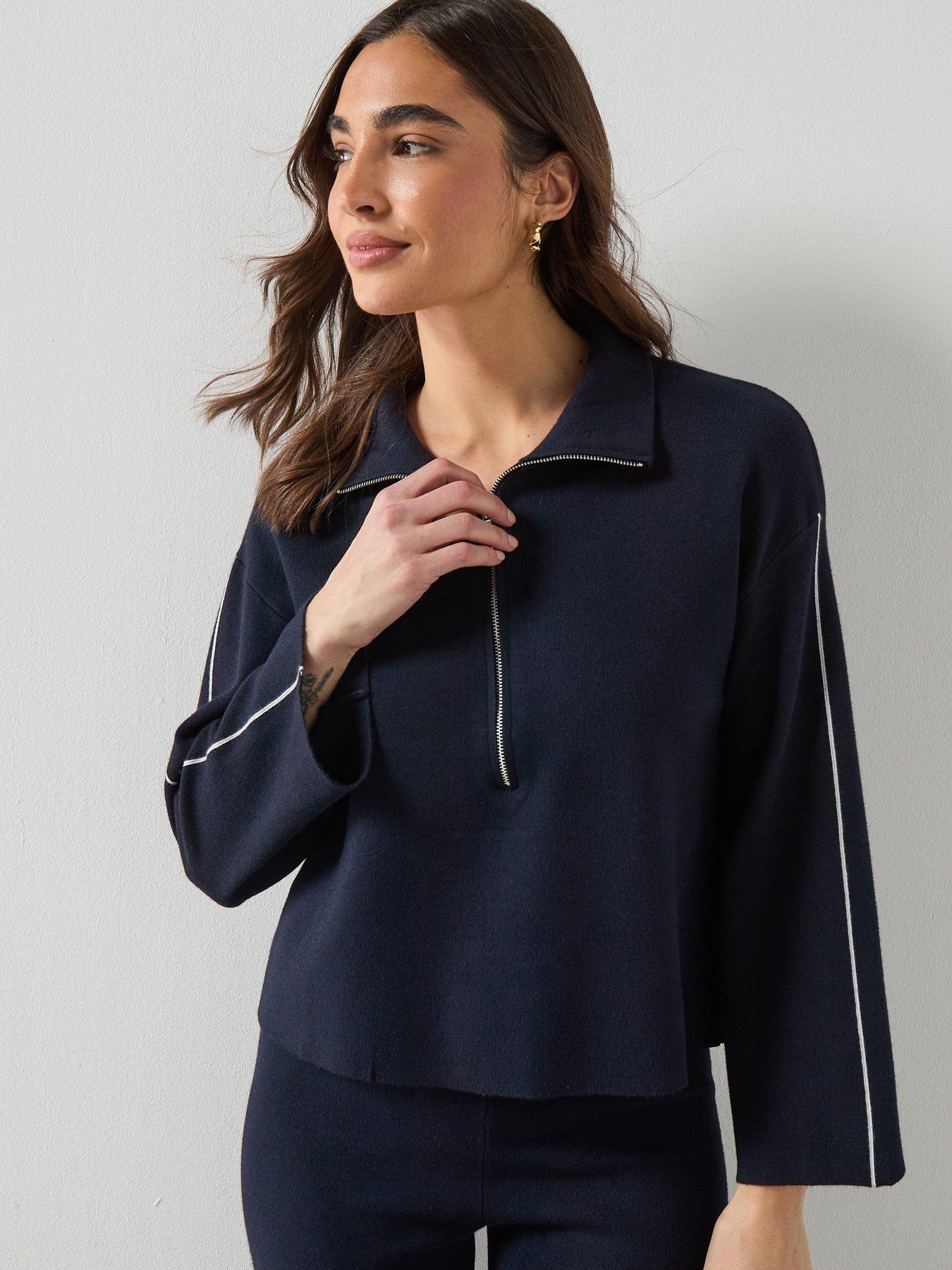 Mango Zip Neck Contrast-stripe Sweater - Navy
