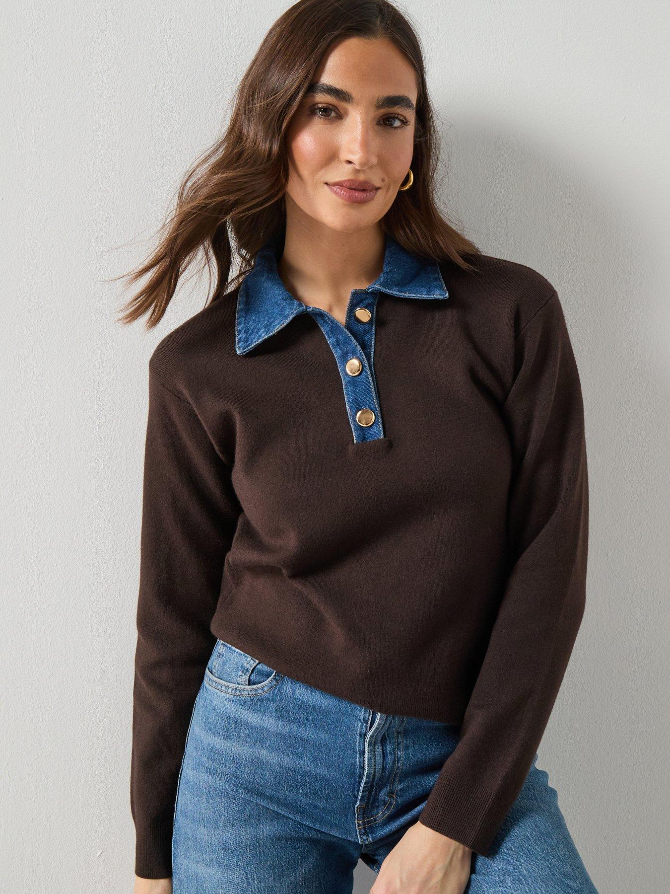 mango-combined-shirt-collar-sweater-brown