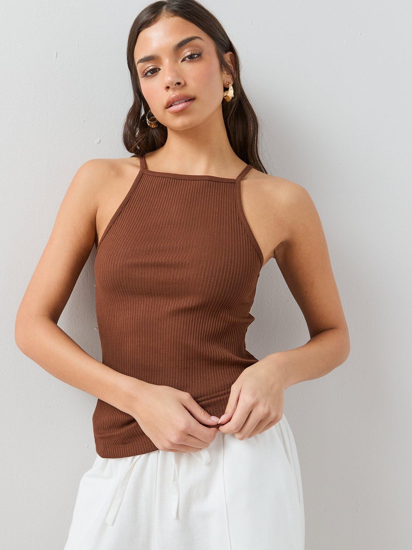 The Very Collection Strappy Ribbed Cami Top - Brown