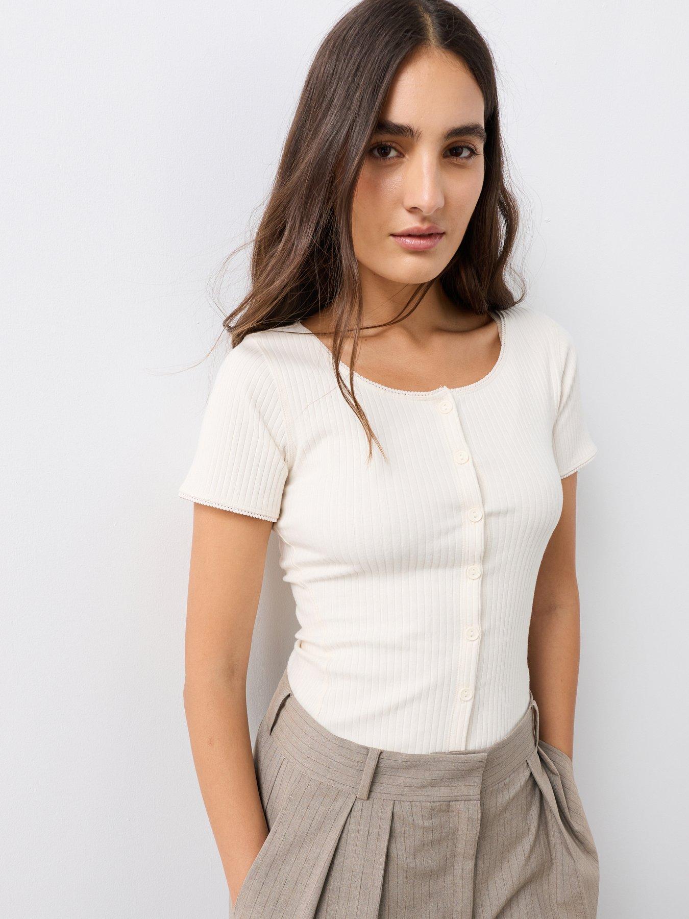 Image 1 of 7 of The Very Collection Button Through Lace Trim Ribbed T-Shirt - Cream