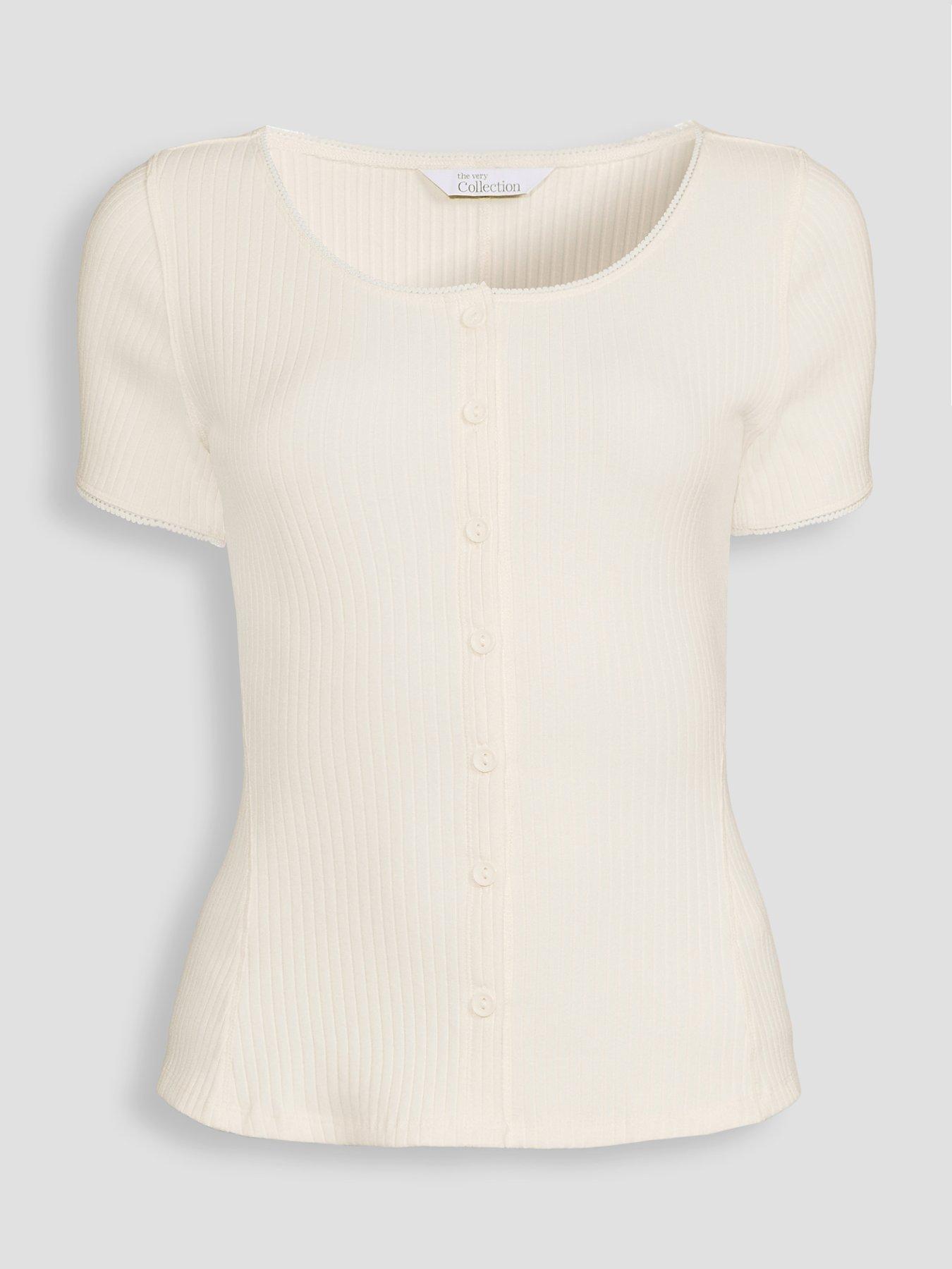 Image 7 of 7 of The Very Collection Button Through Lace Trim Ribbed T-Shirt - Cream