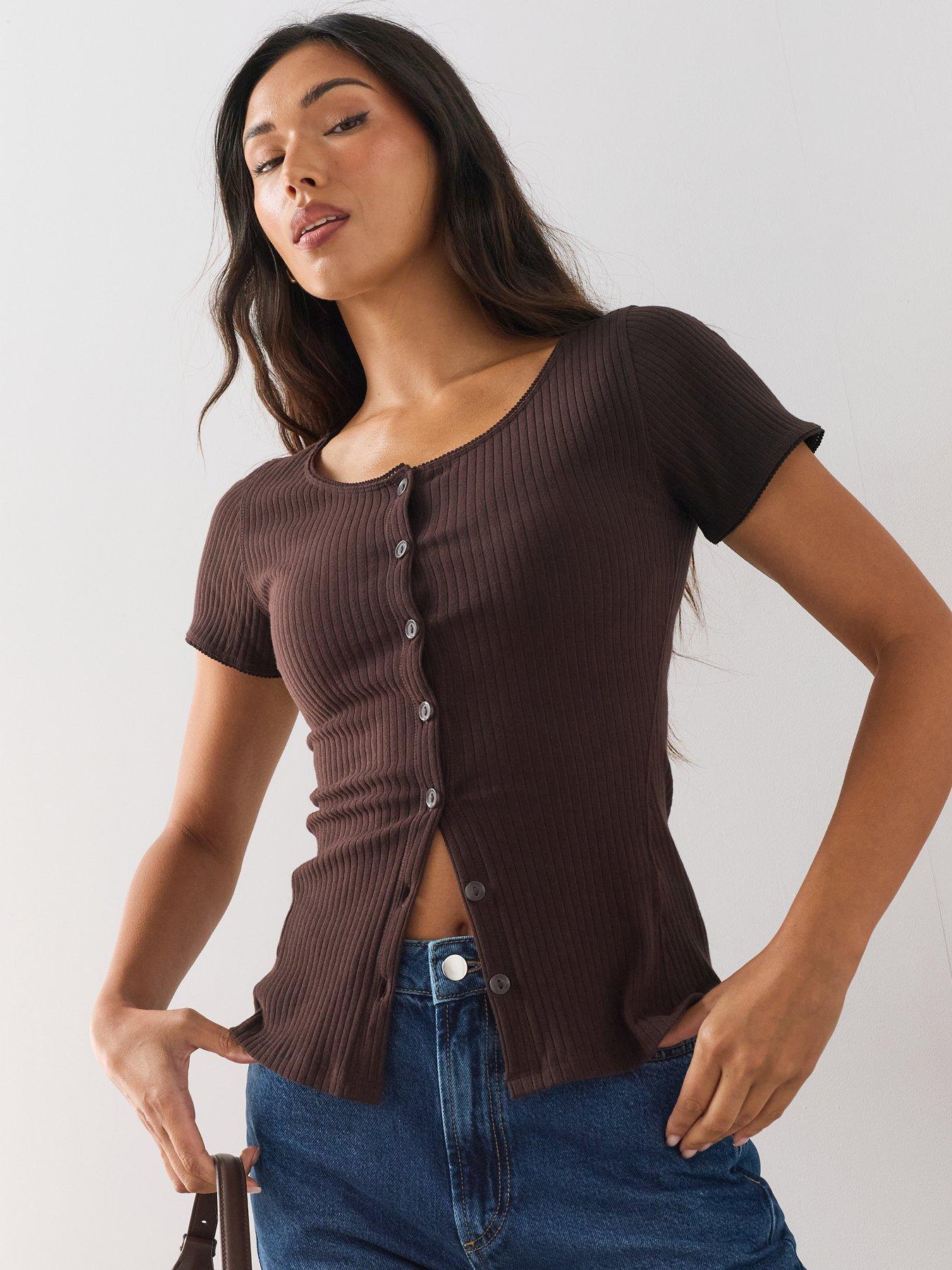The Very Collection Button Through Lace Trim Ribbed Tee