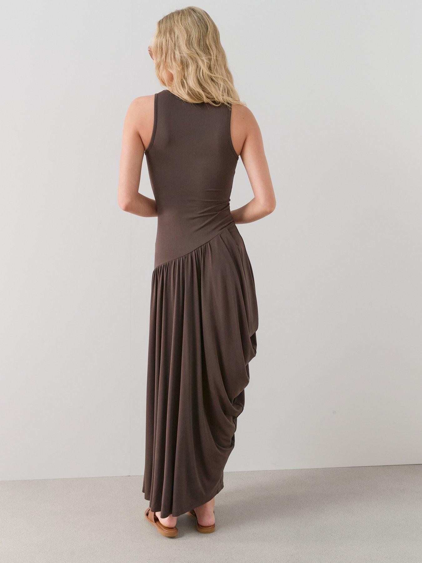 Image 2 of 6 of The Very Collection Asymetric Draped Midaxi Dress - Brown