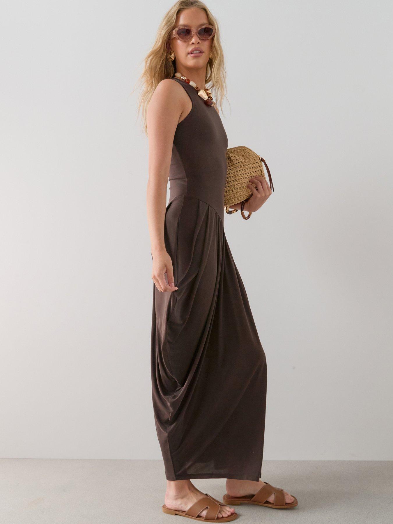 Image 3 of 6 of The Very Collection Asymetric Draped Midaxi Dress - Brown