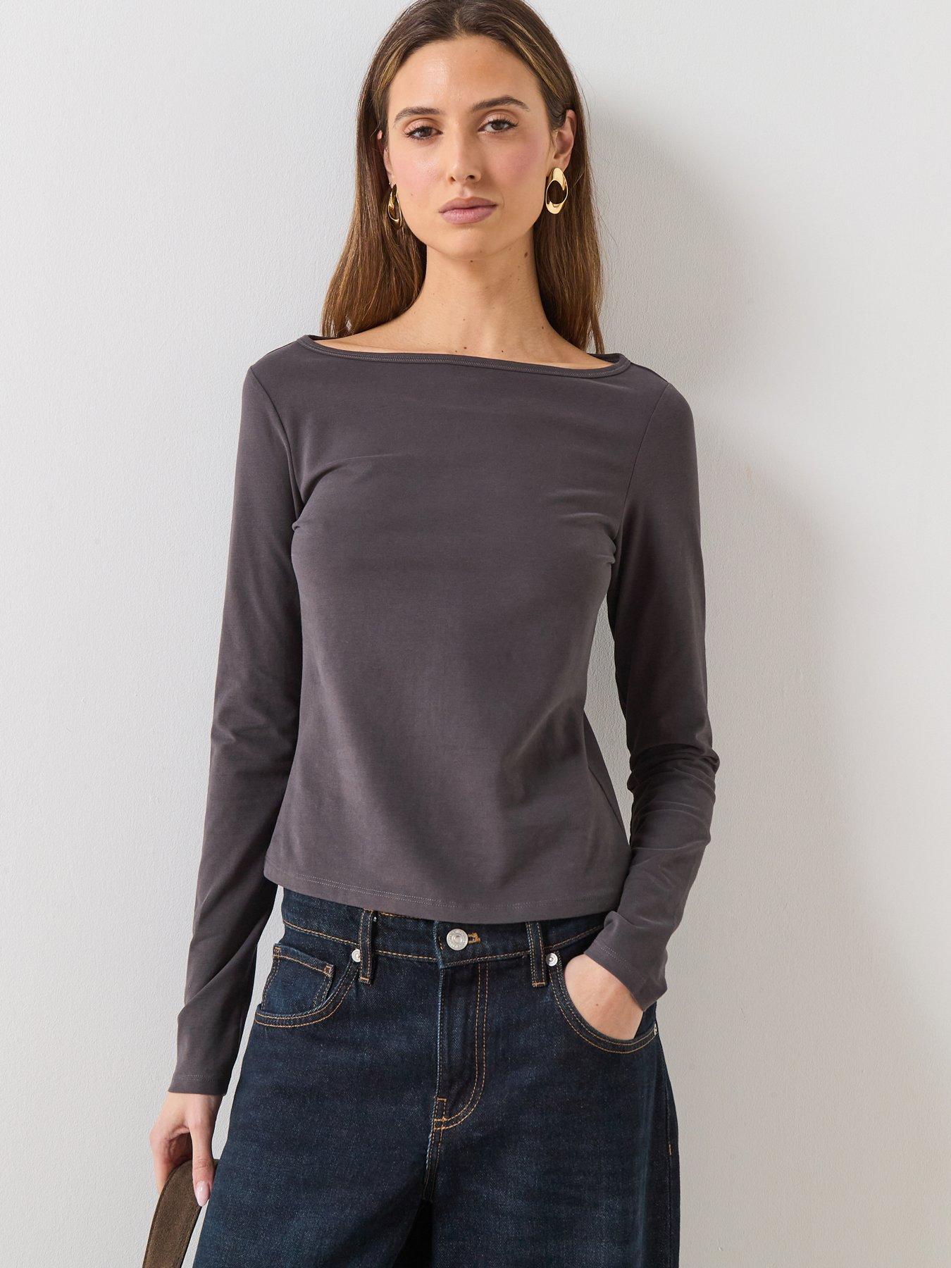 Mango Cotton Boat Neck T-shirt Charcoal