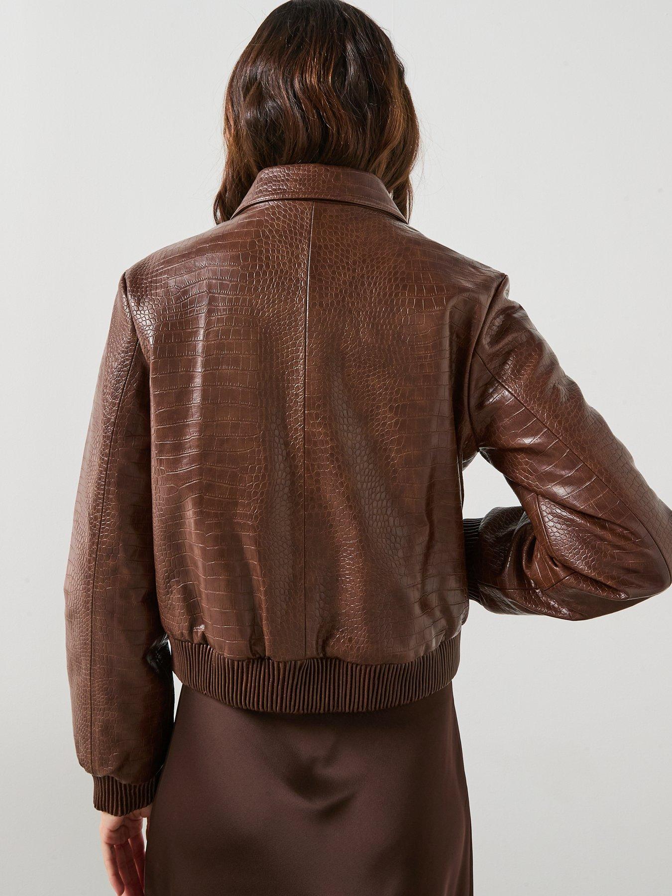 Image 2 of 6 of Mango Croc Effect Bomber Jacket - Brown