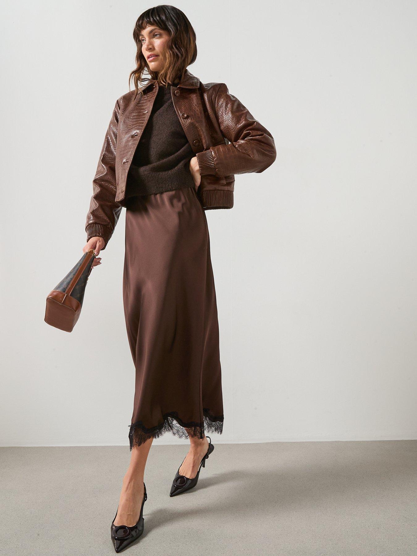 Image 3 of 6 of Mango Croc Effect Bomber Jacket - Brown